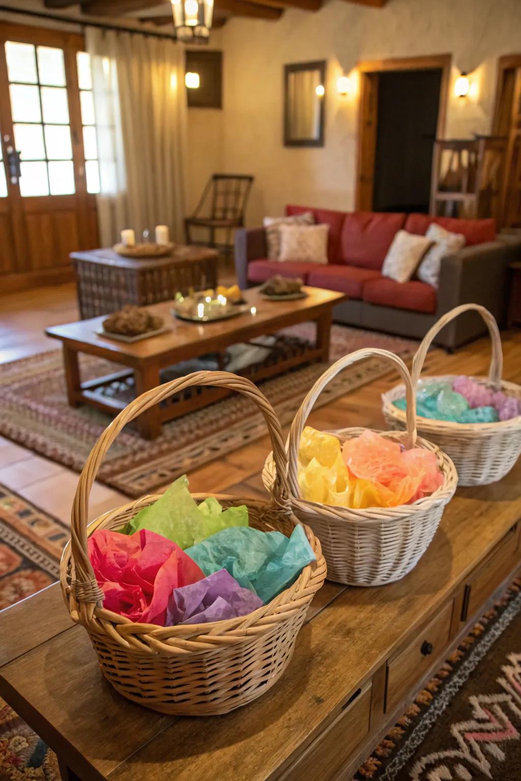 Braided baskets provide a charming method for storing tissue paper.