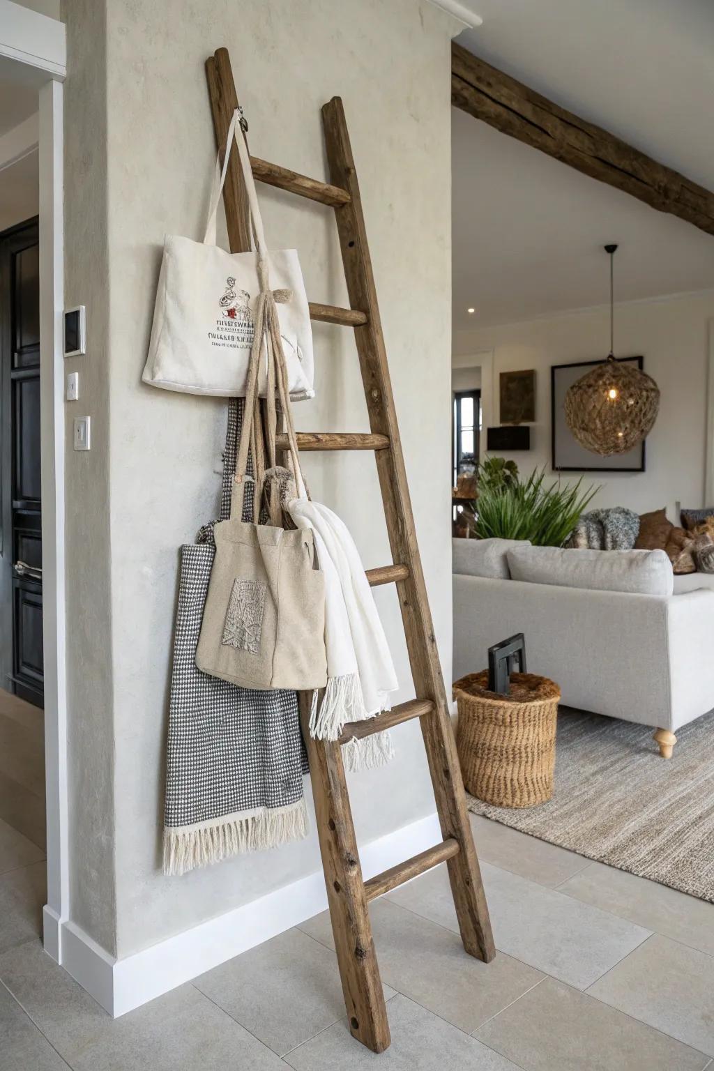 A ladder enhances carryall storage with rustic appeal.