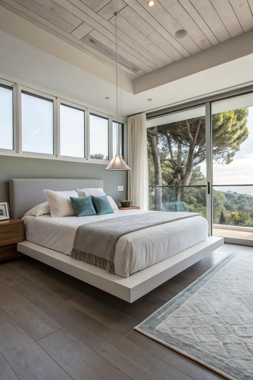 A suspended sleep frame offering a streamlined, futuristic aesthetic.