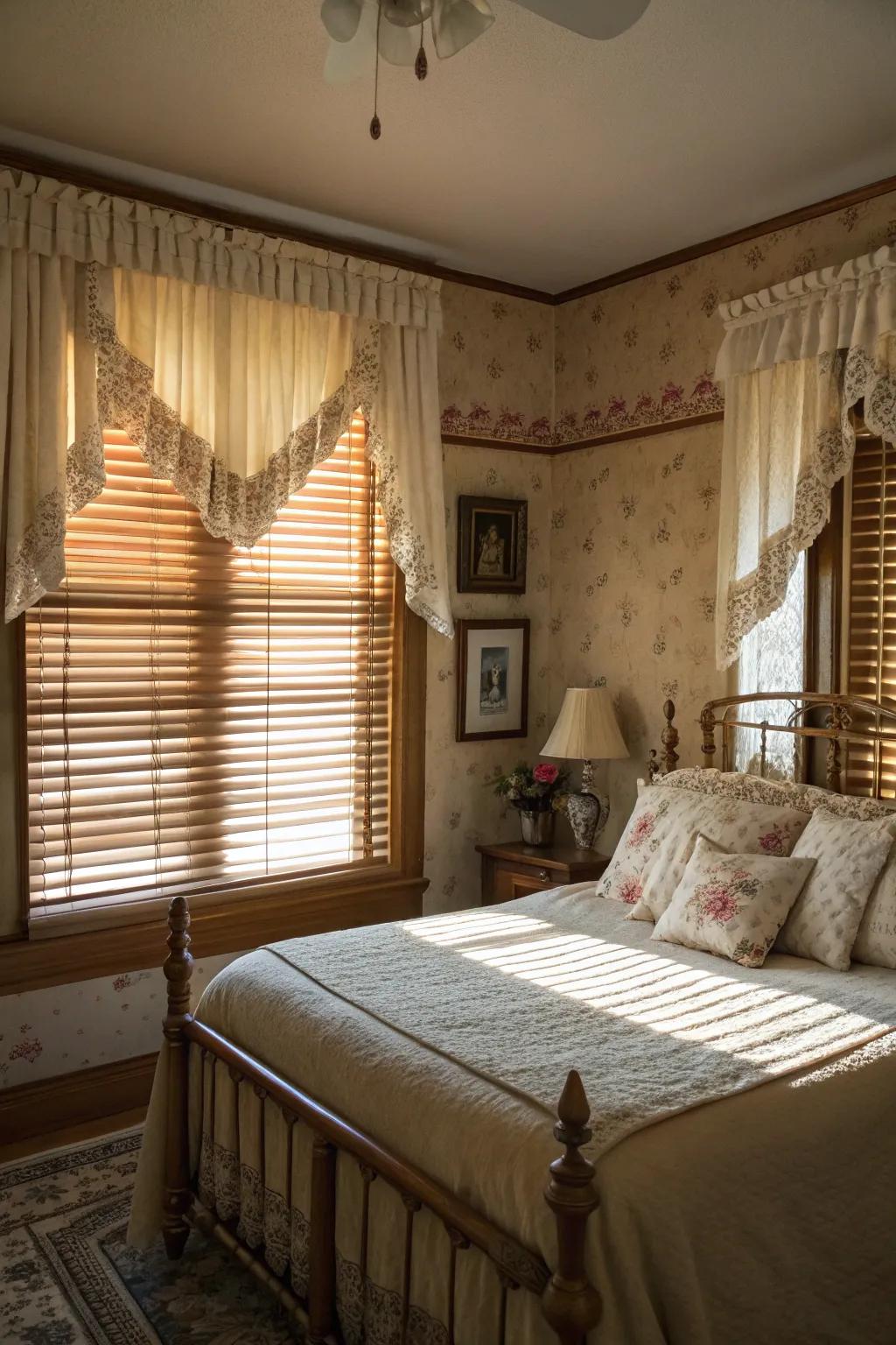 Ruffled window toppers bring Victorian charm.