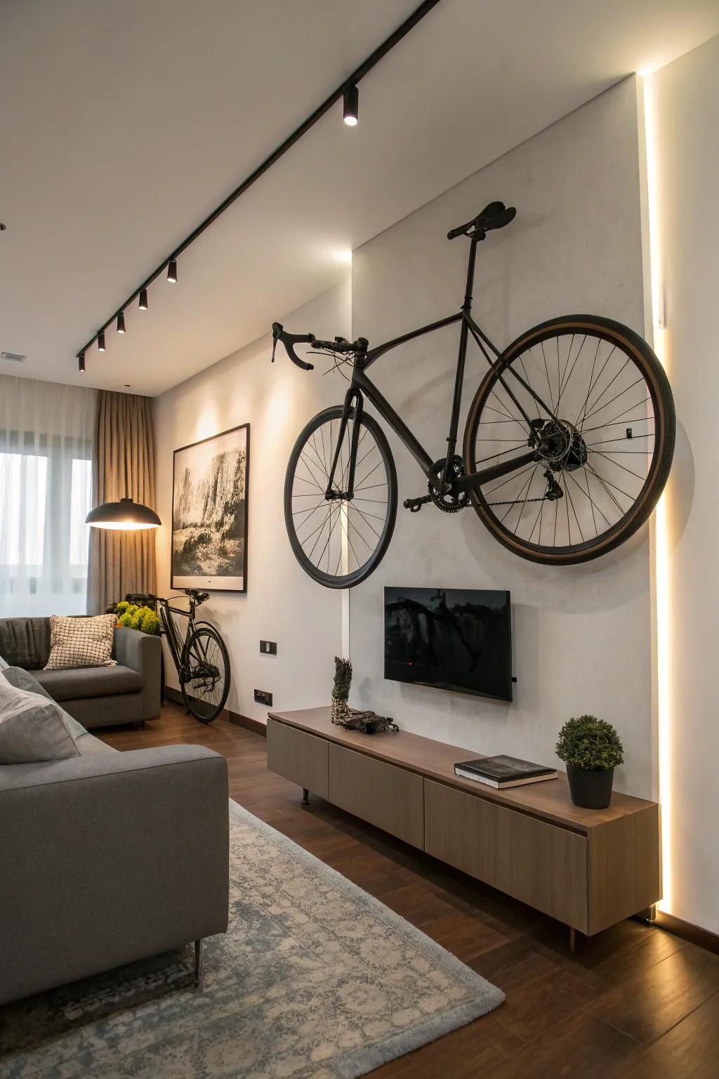 An artistic wall hanger turns a bicycle into a statement piece.