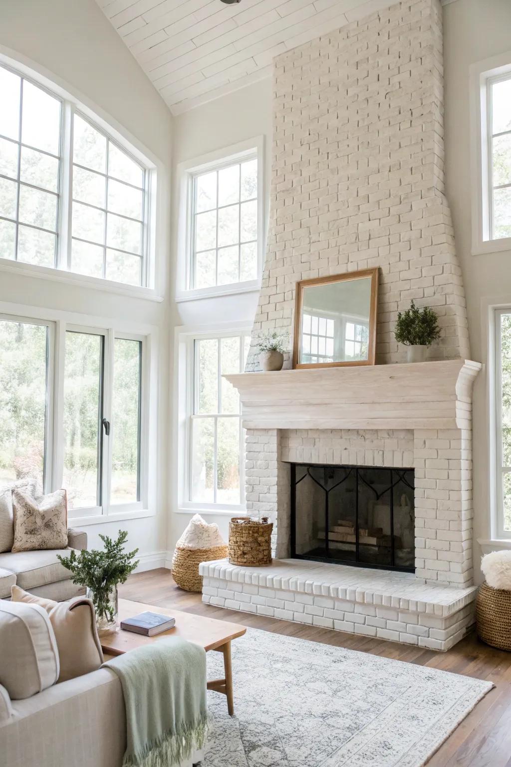 A living space with a whitewashed brick fireplace, radiating brightness and sophistication.