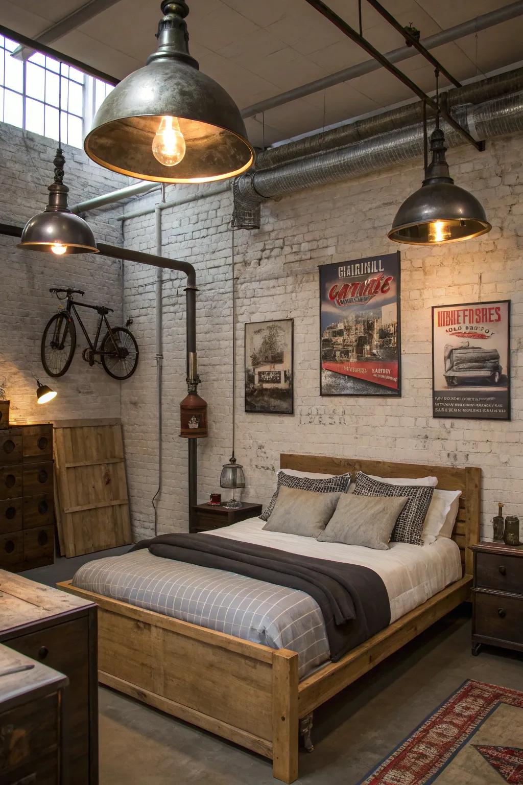 Manufacturing lighting incorporates a nostalgic glow into this bedroom.