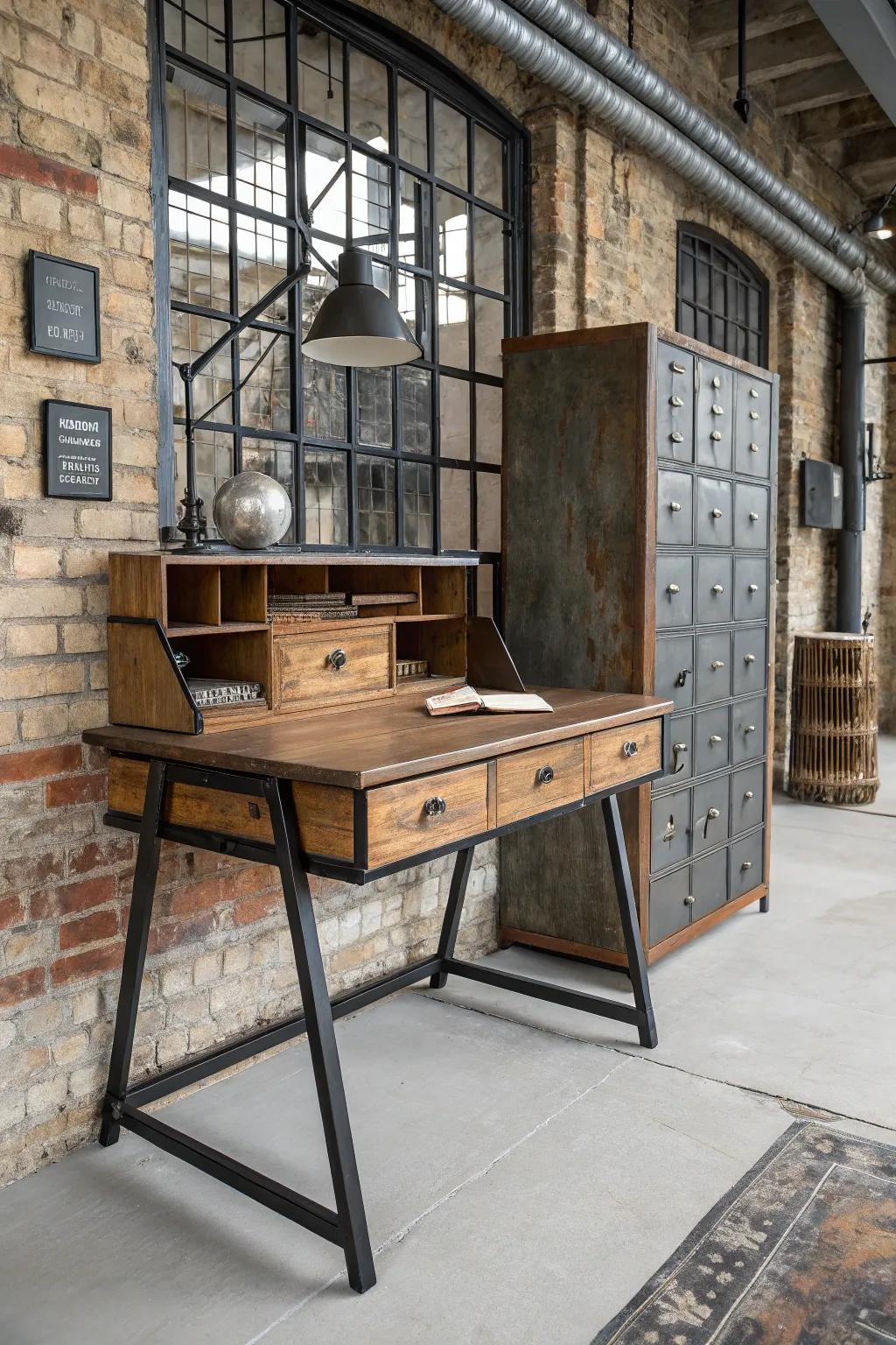 Combining materials like timber and iron infuses interest into your desk.