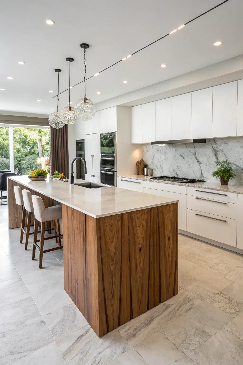 A wood waterfall countertop brings a hint of refinement to modern kitchen designs.