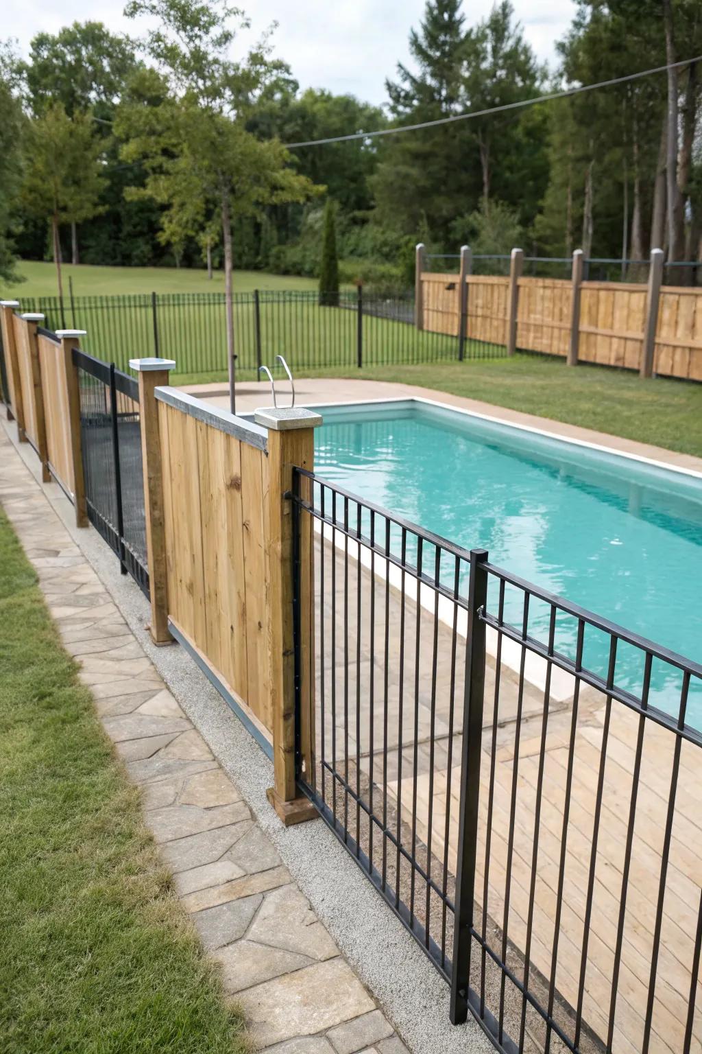 Material intermingling forges a singular and textured pool enclosure design.