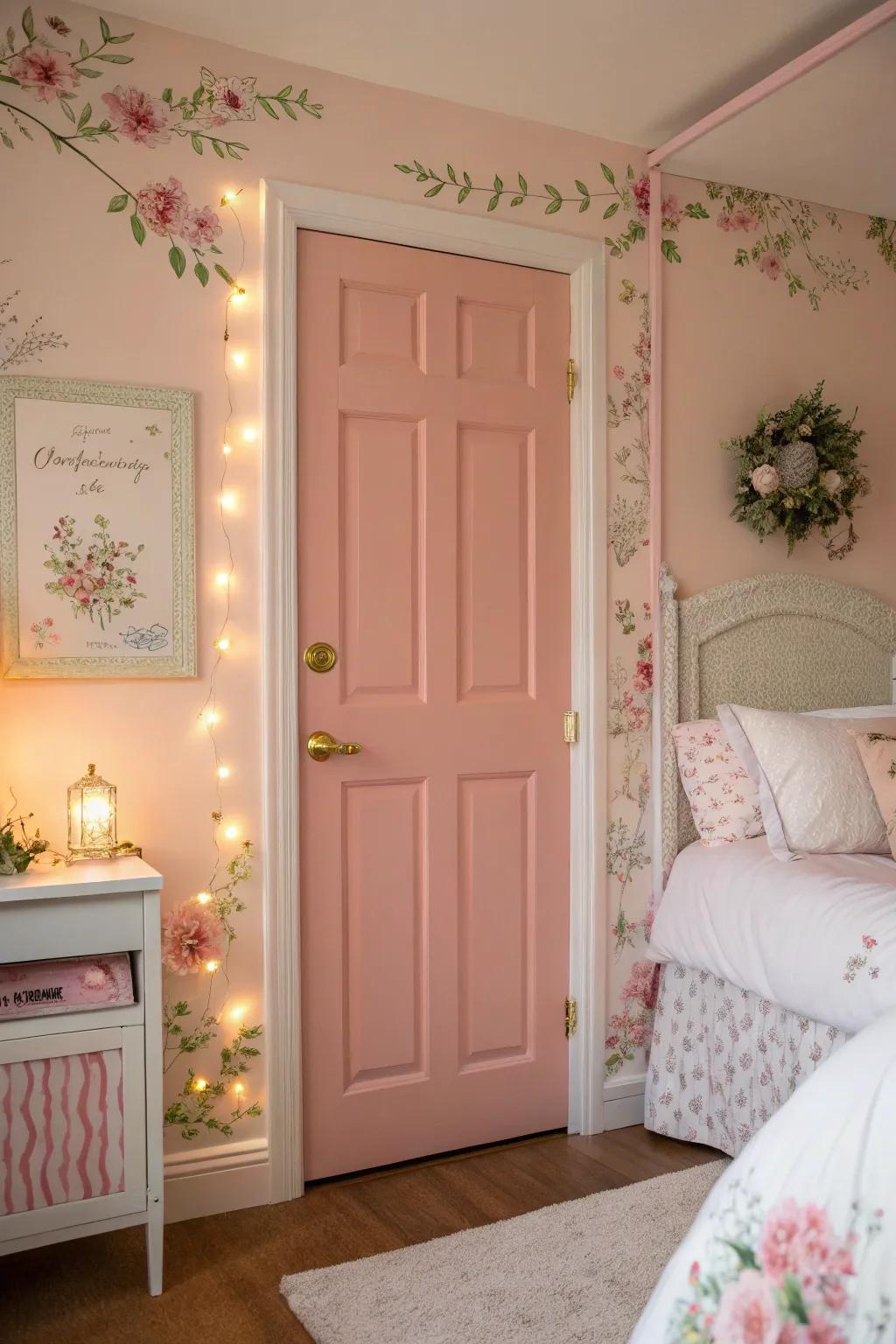 Blush pink doors introducing a romantic flair.