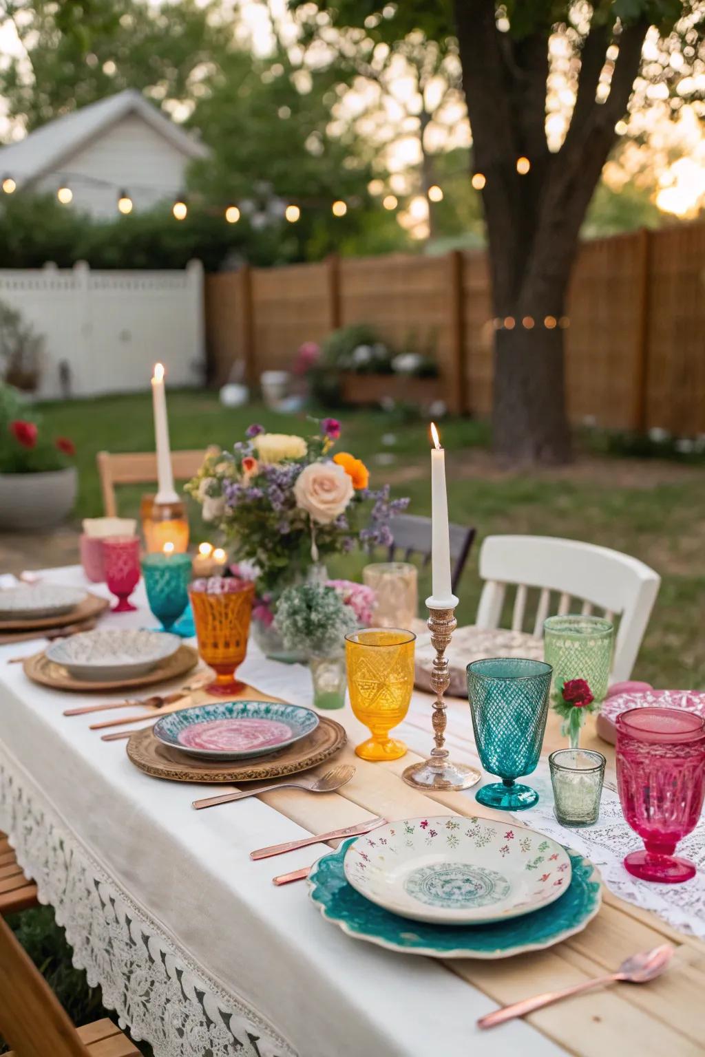 Varied vintage tableware enriches a backyard celebration.