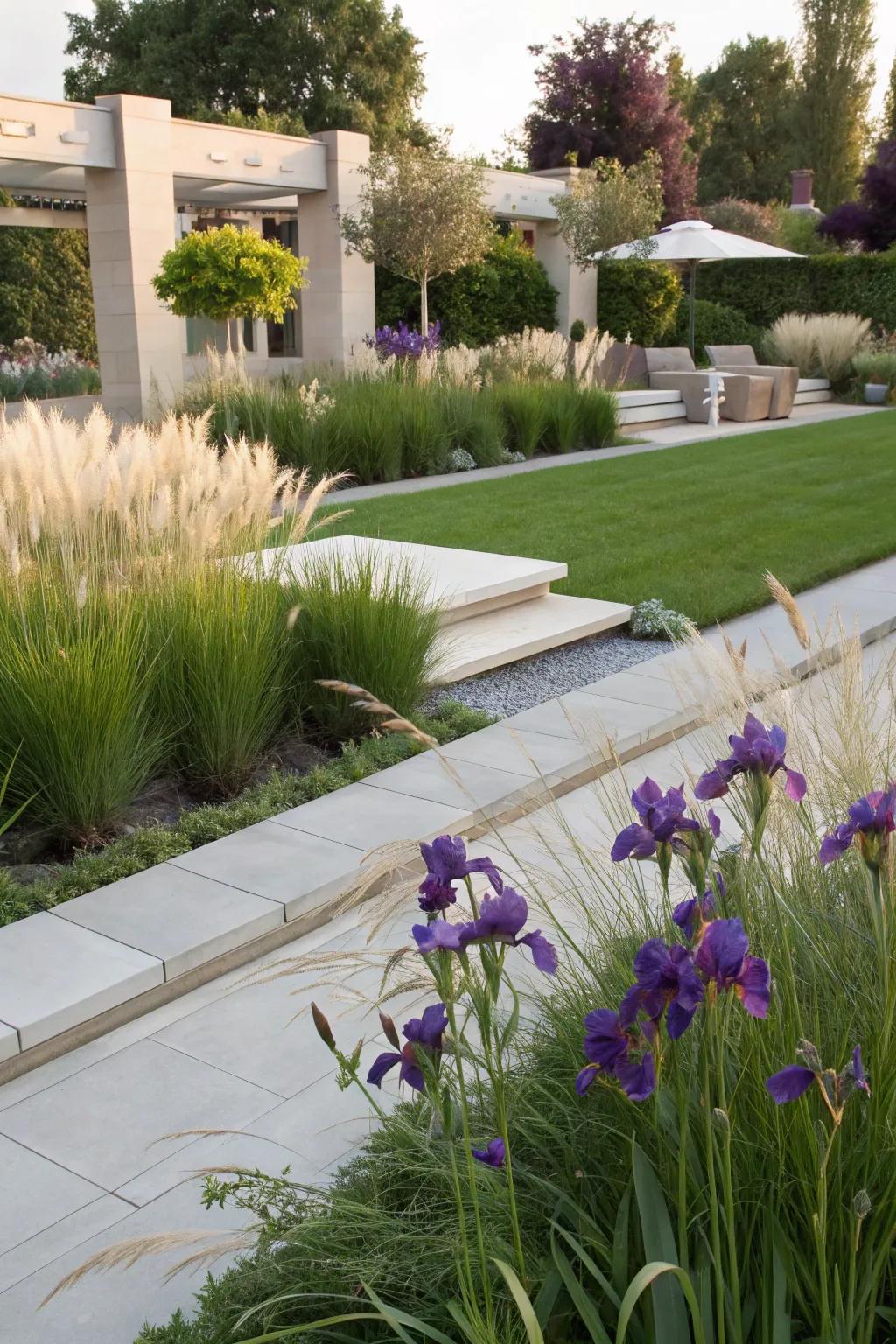 A stylish garden design showcasing glimmer flowers and decorative grasses.
