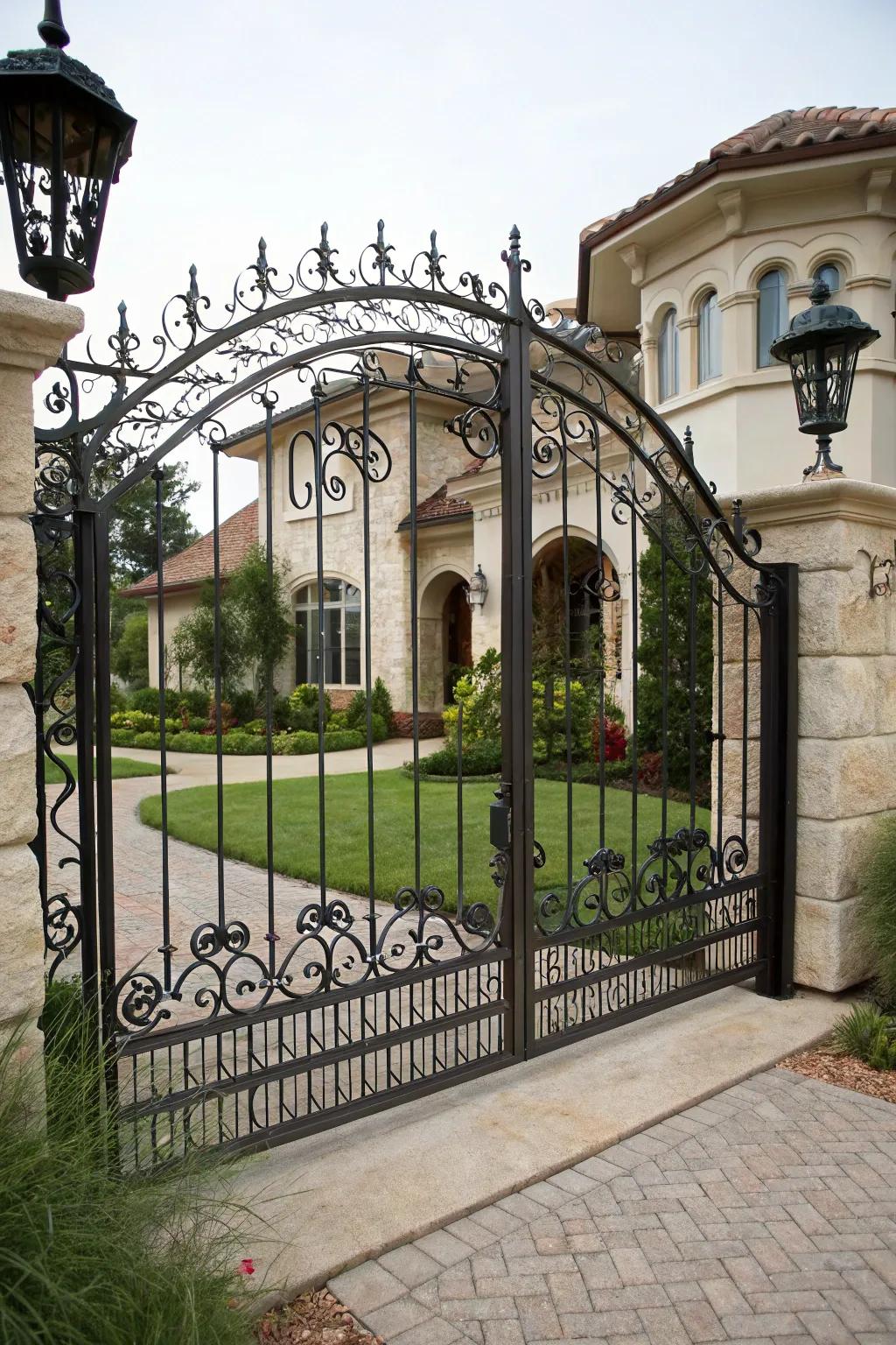 An iron entryway perfectly complementing the home's structure.