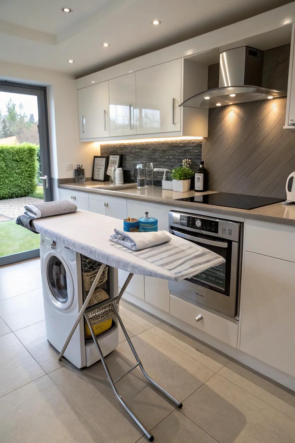 An under-counter ironing surface in a modern cooking area.