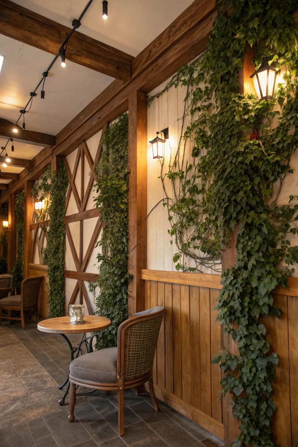 A country-style greenery feature combined with timber accents, introducing warmth and charm.
