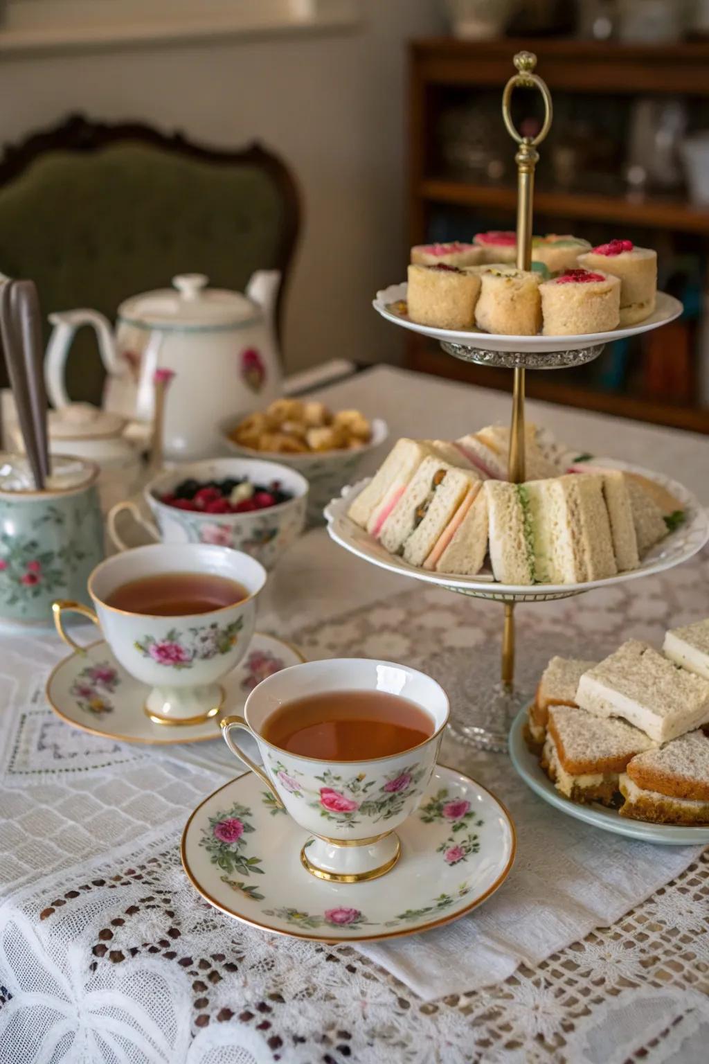 An antique tea party design featuring mismatched china.