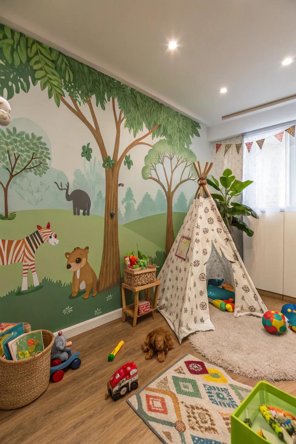 A playroom invites adventure with its jungle-themed wallpaper.