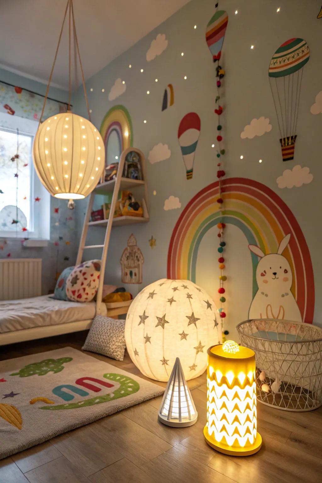 Unique illumination enhances the room's ambiance.