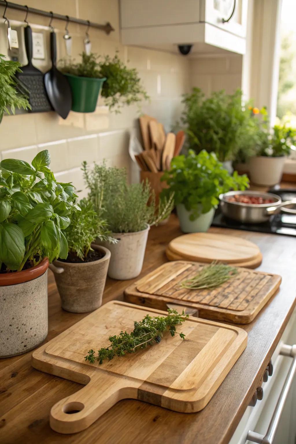 Chopping surfaces and greenery create a revitalizing and vibrant culinary display.