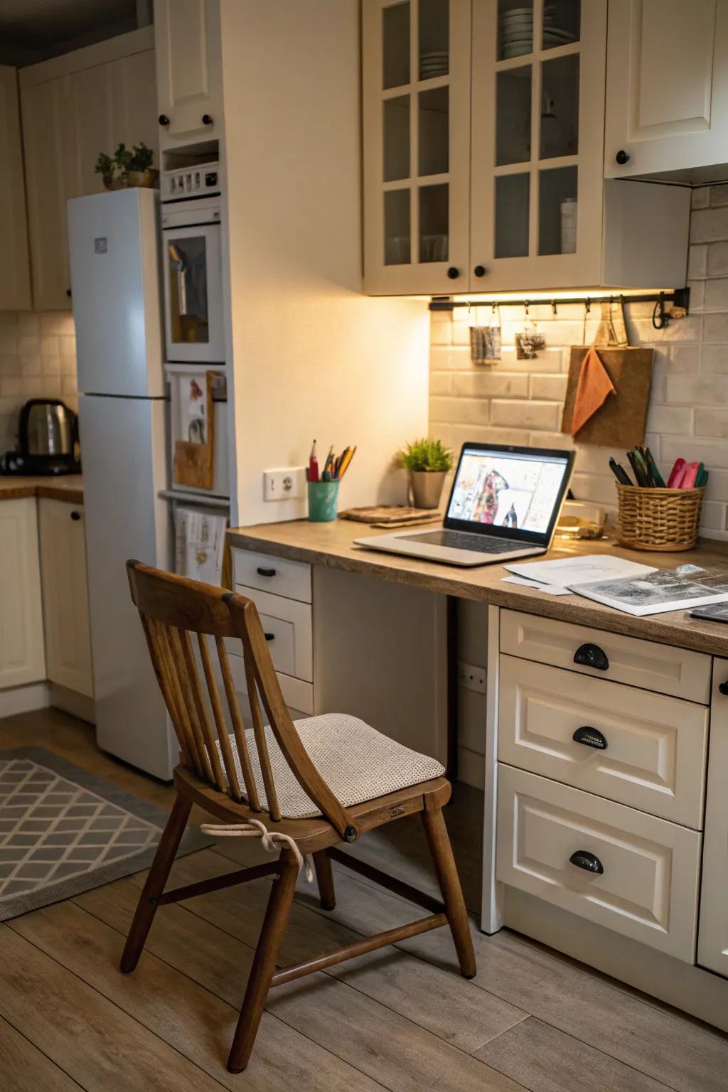 A mini office in the kitchen corner supports productivity in a small space.