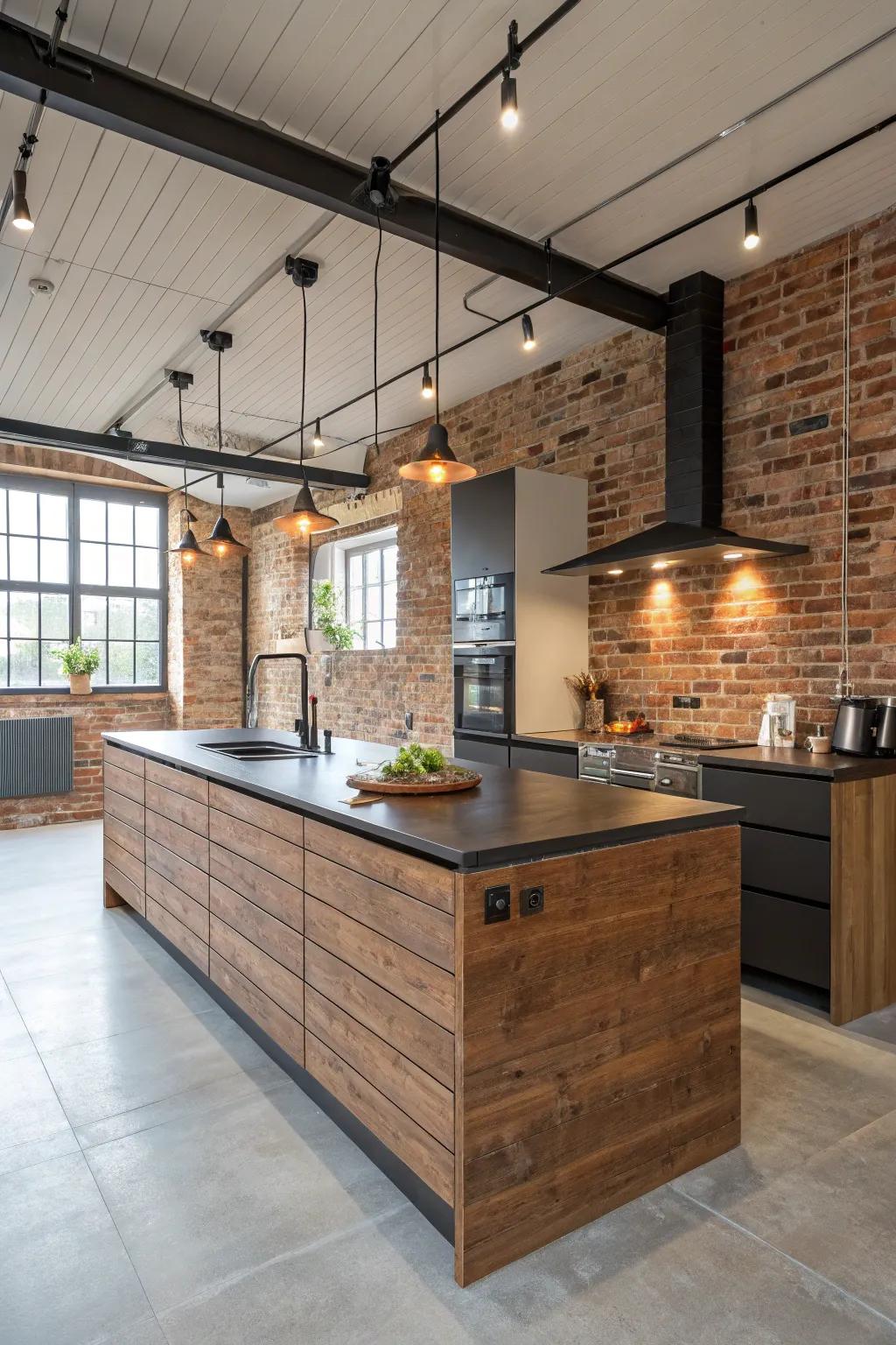 A block rear facade appends a vintage urban impression to this cooking area focal point, ideal for city-inspired spaces.