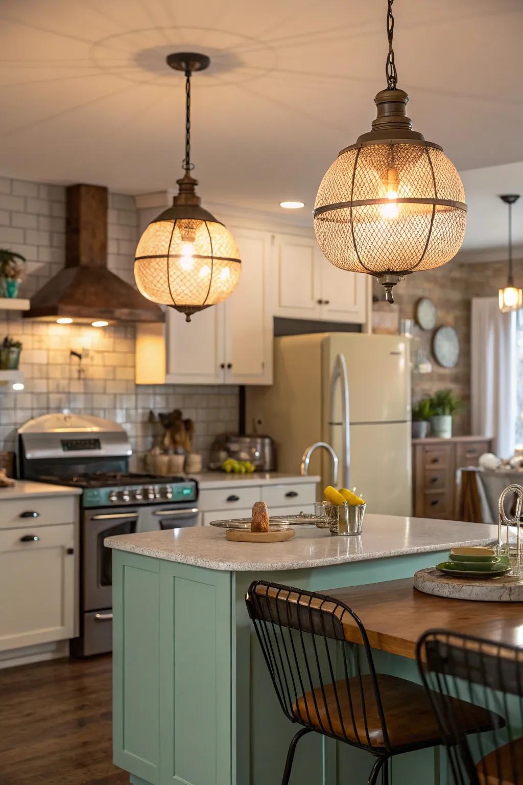 Mid-century modern lights add a nostalgic charm to the kitchen.