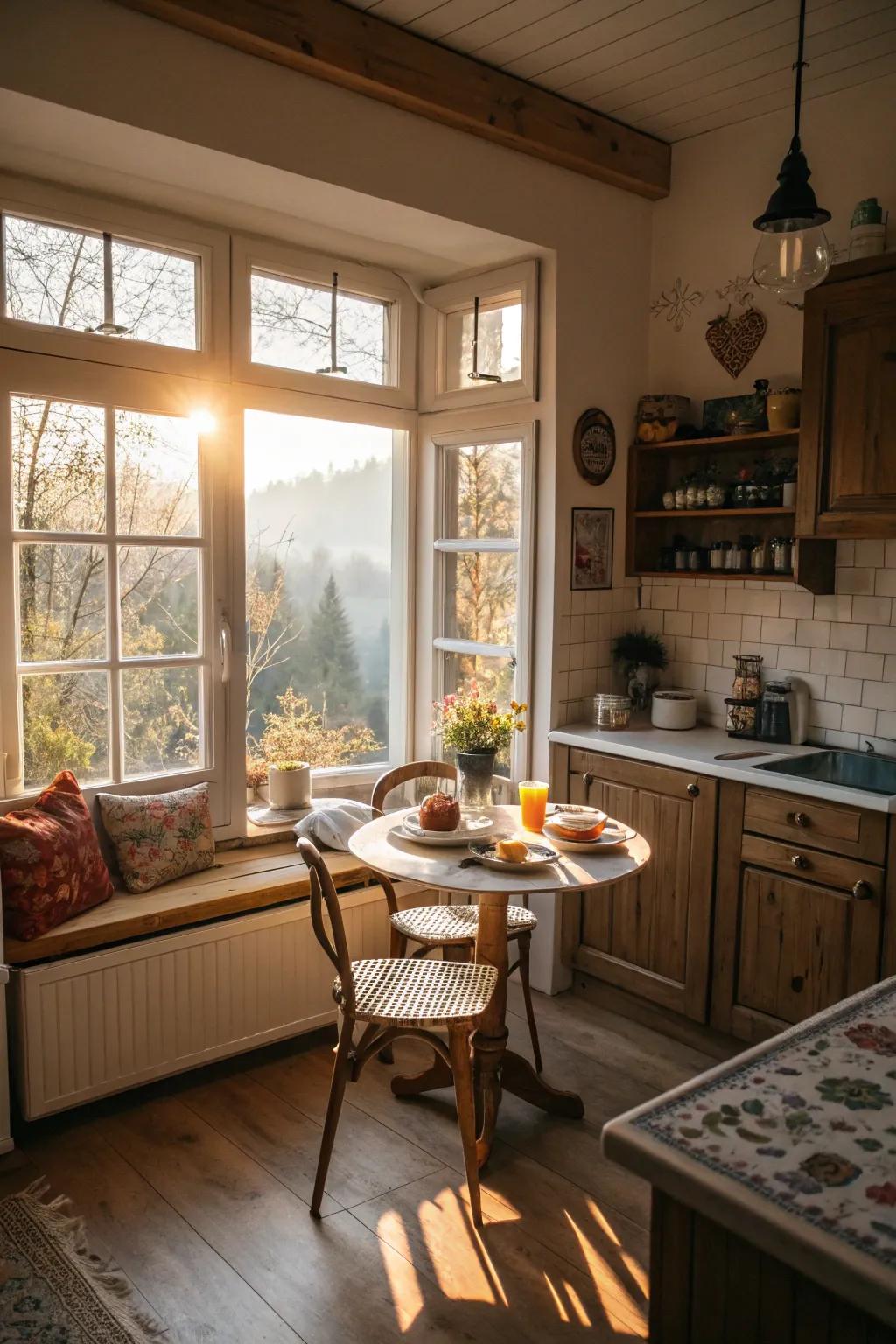 A culinary space showcasing a cozy breakfast nook with a view.