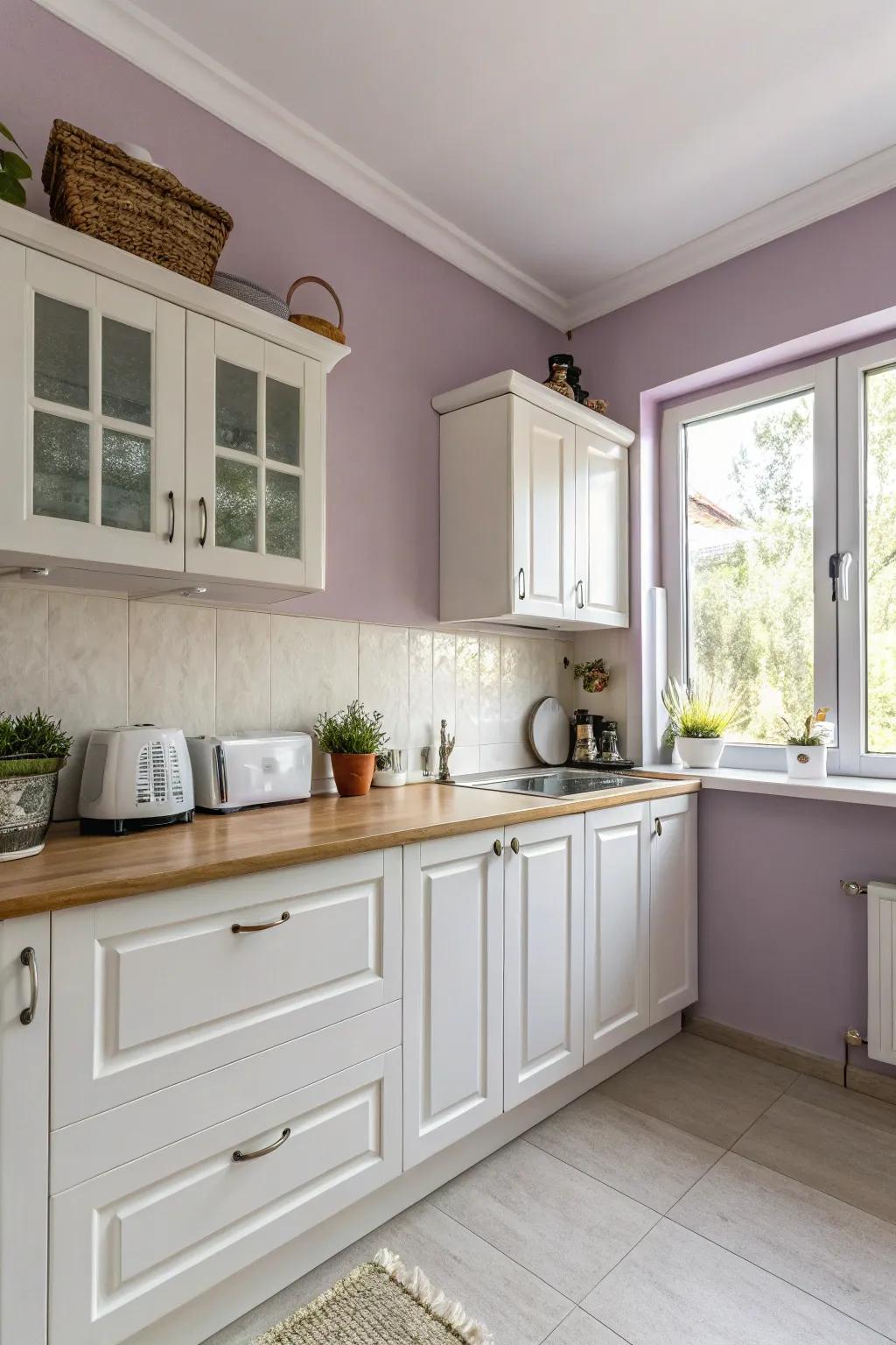 Muted lavender walls add a charming and whimsical touch.