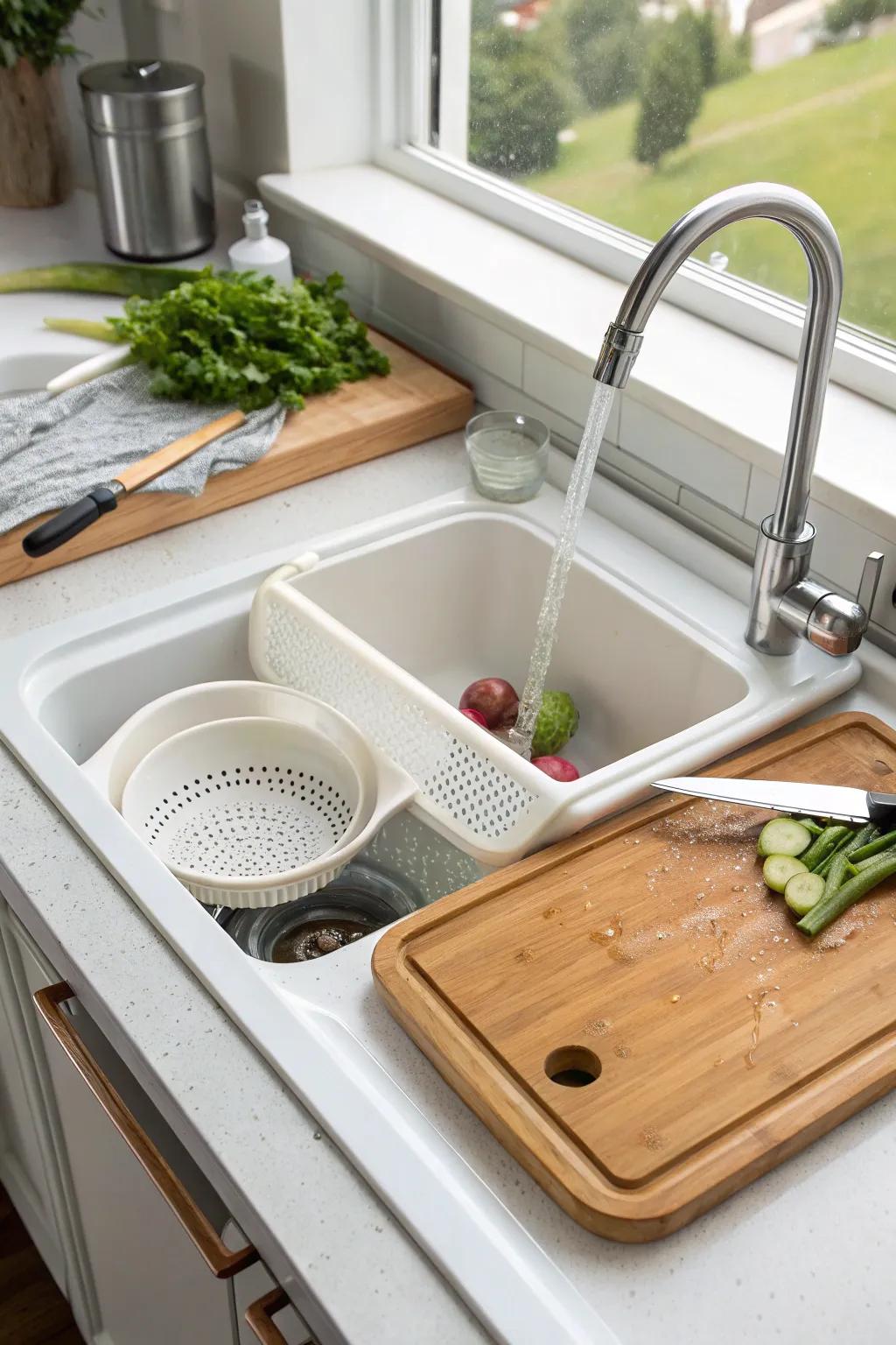 A versatile sink equipped with practical add-ons for efficiency.