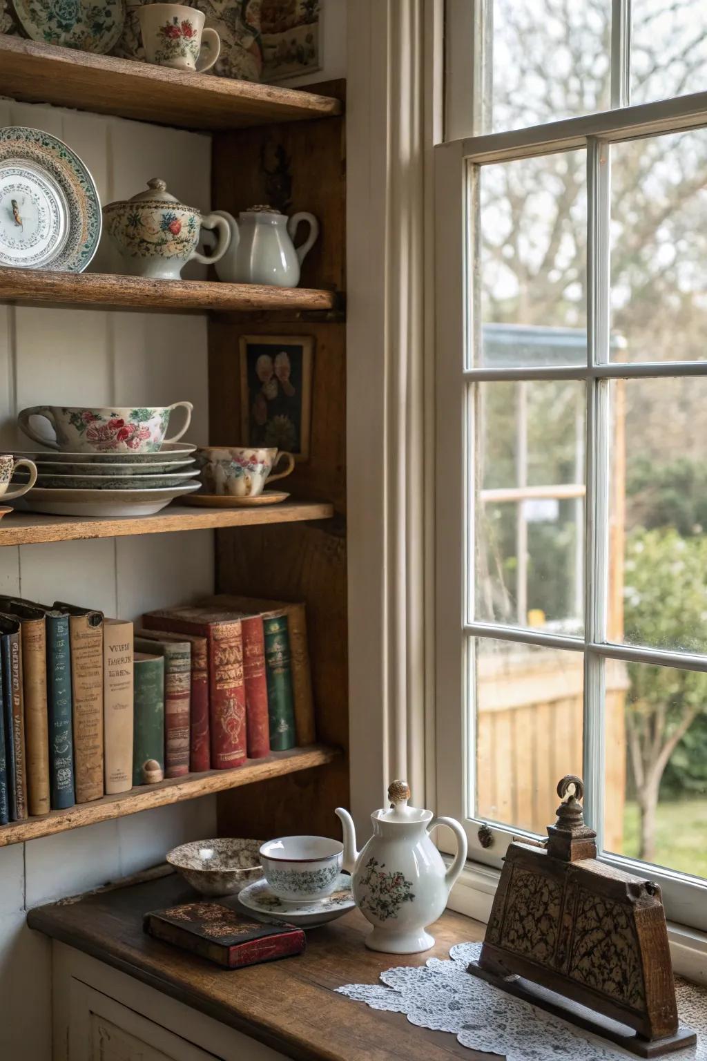Vintage treasures inject nostalgia and character into kitchen window shelves.