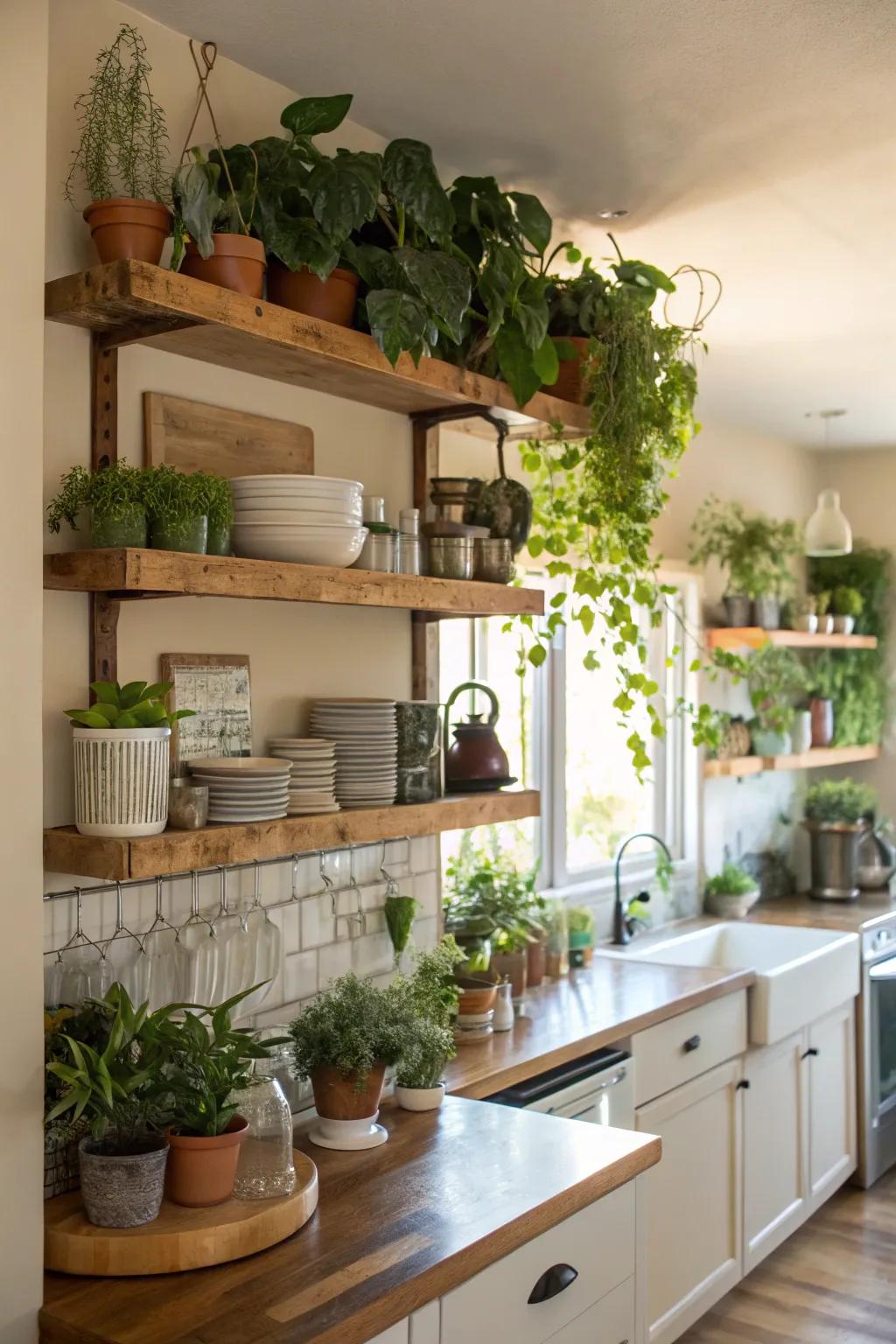 Plant life on shelves elevates beauty and air quality.