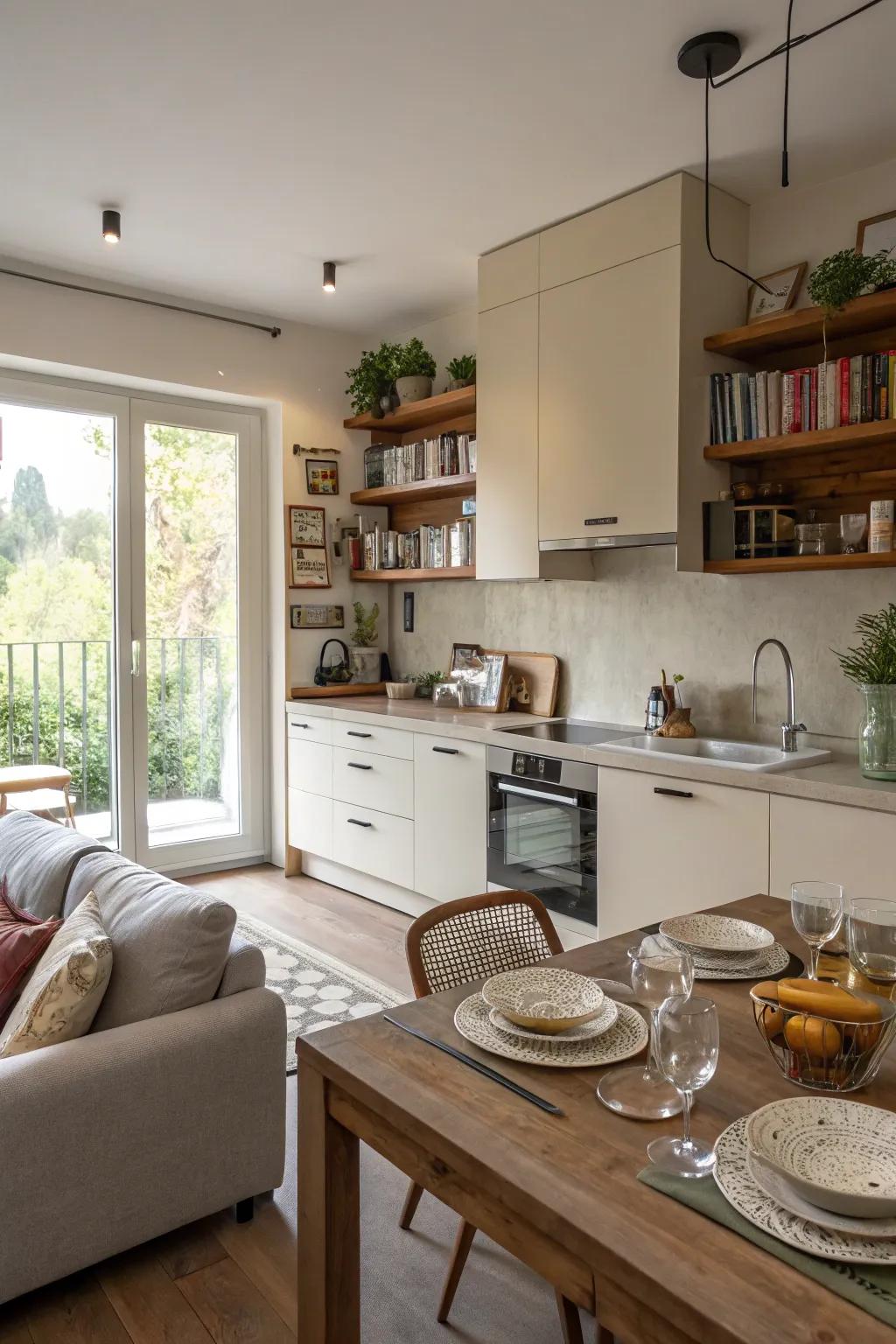 A kitchen featuring both a sofa and a dining table, offering versatile options for dining and relaxation.
