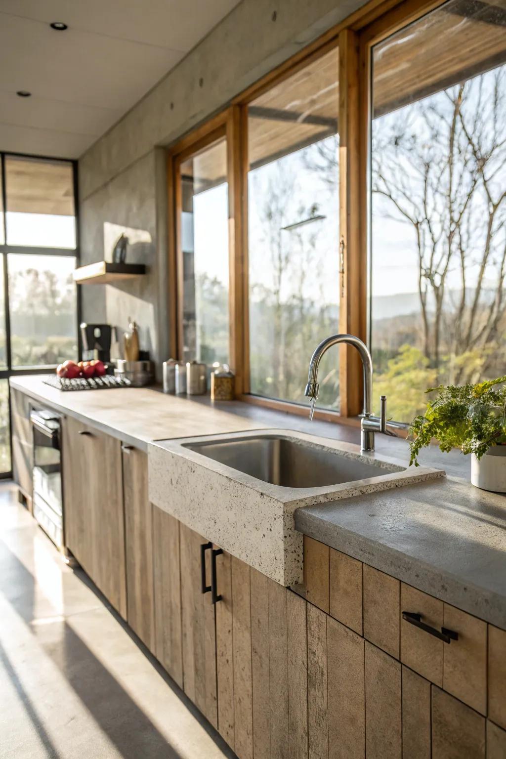 A kitchen with concrete worktops illuminated by abundant natural lighting.
