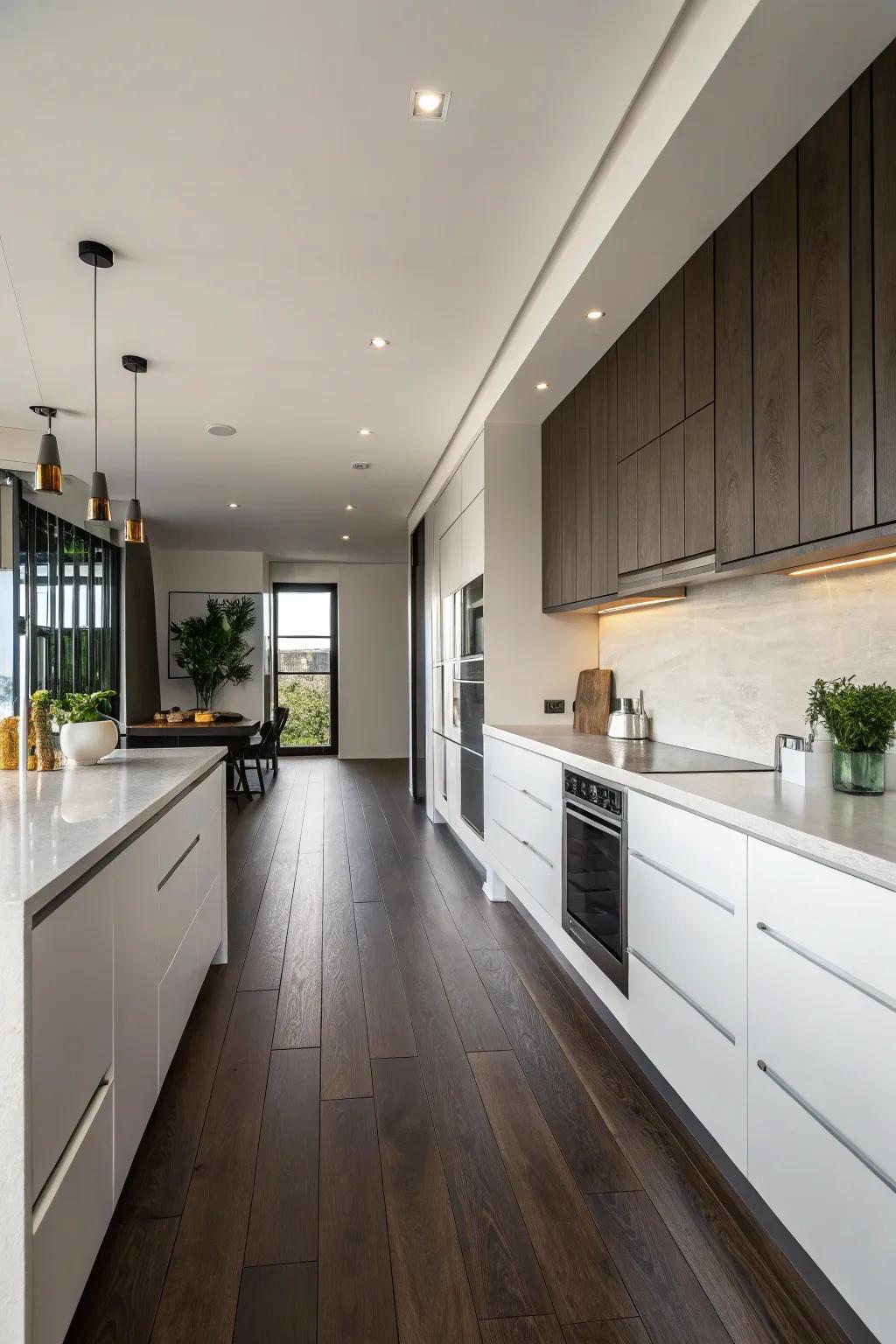 A minimalist design highlights the elegance of deep floors within this kitchen.