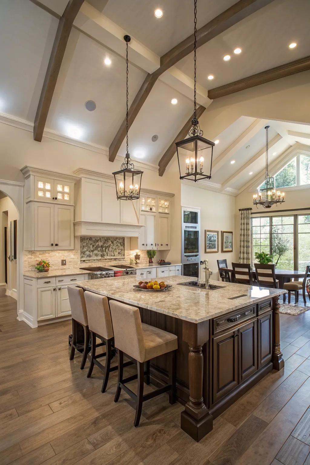 A culinary island fashions a central gathering point in this spacious kitchen.