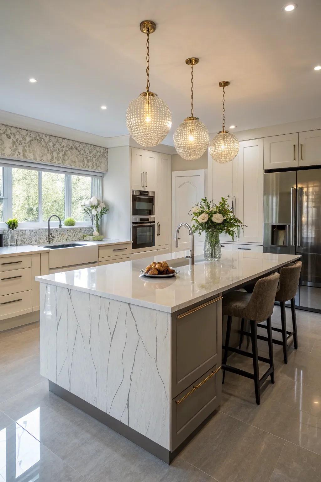A statement quartz island serving as the kitchen's focal point.