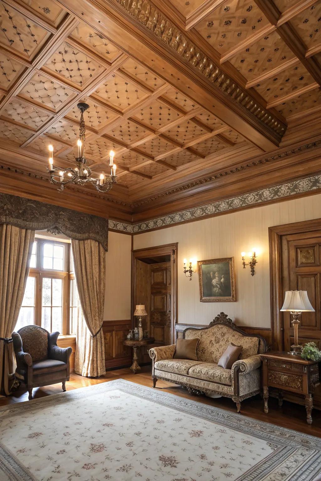 An elegant room where decorative molding enhances the pine clad ceiling.