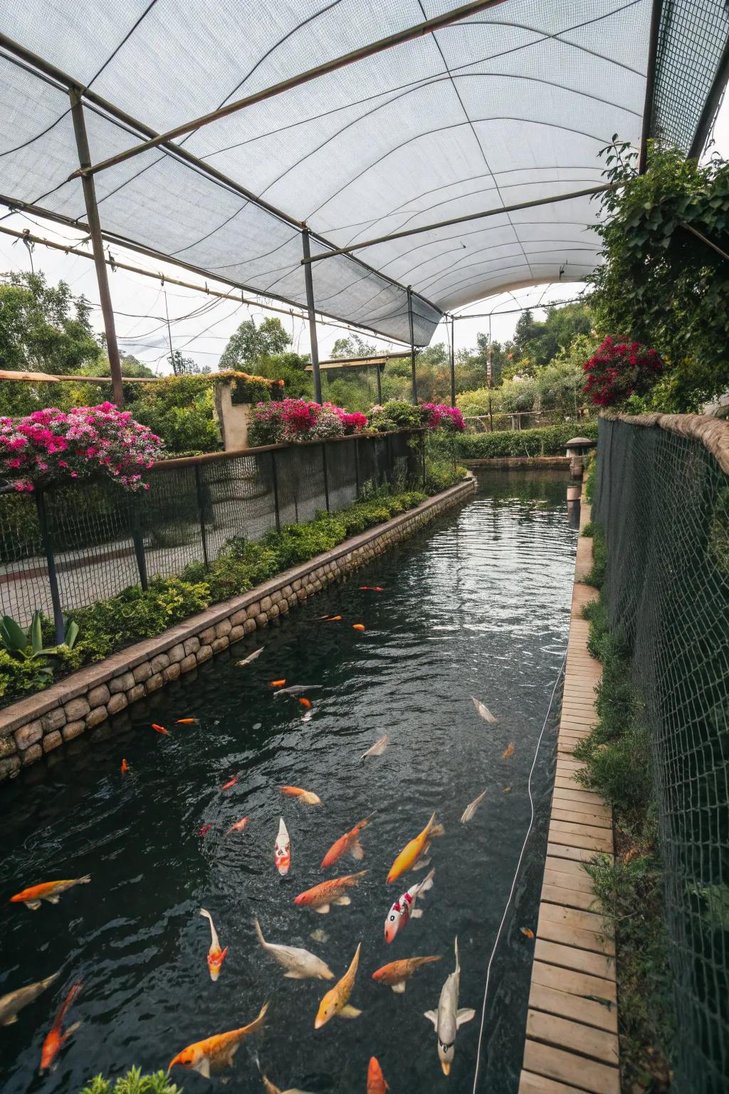 A koi pond enjoys the shade from fencing and overhead protection.