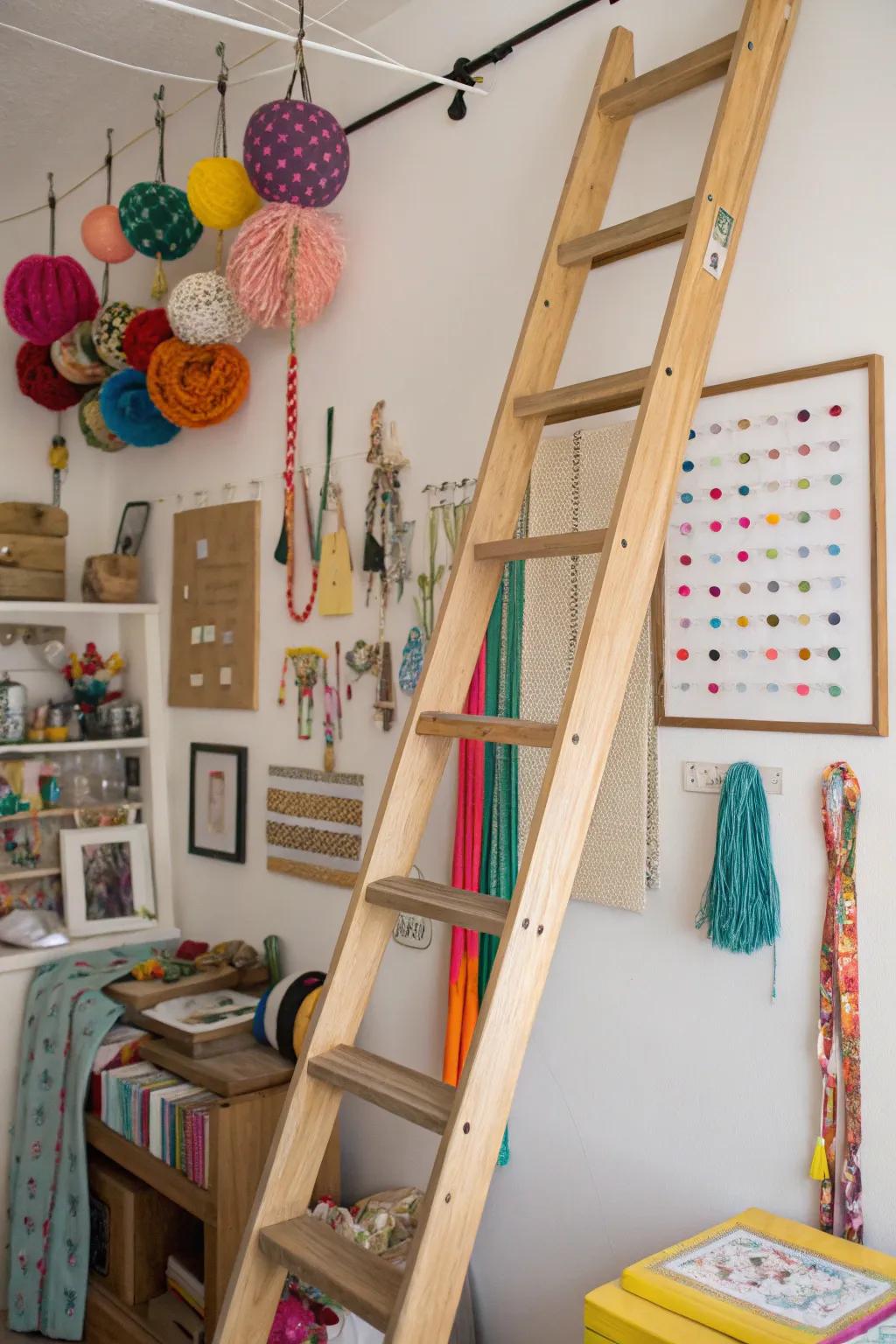 A ladder hobby station keeps equipment organized and accessible.