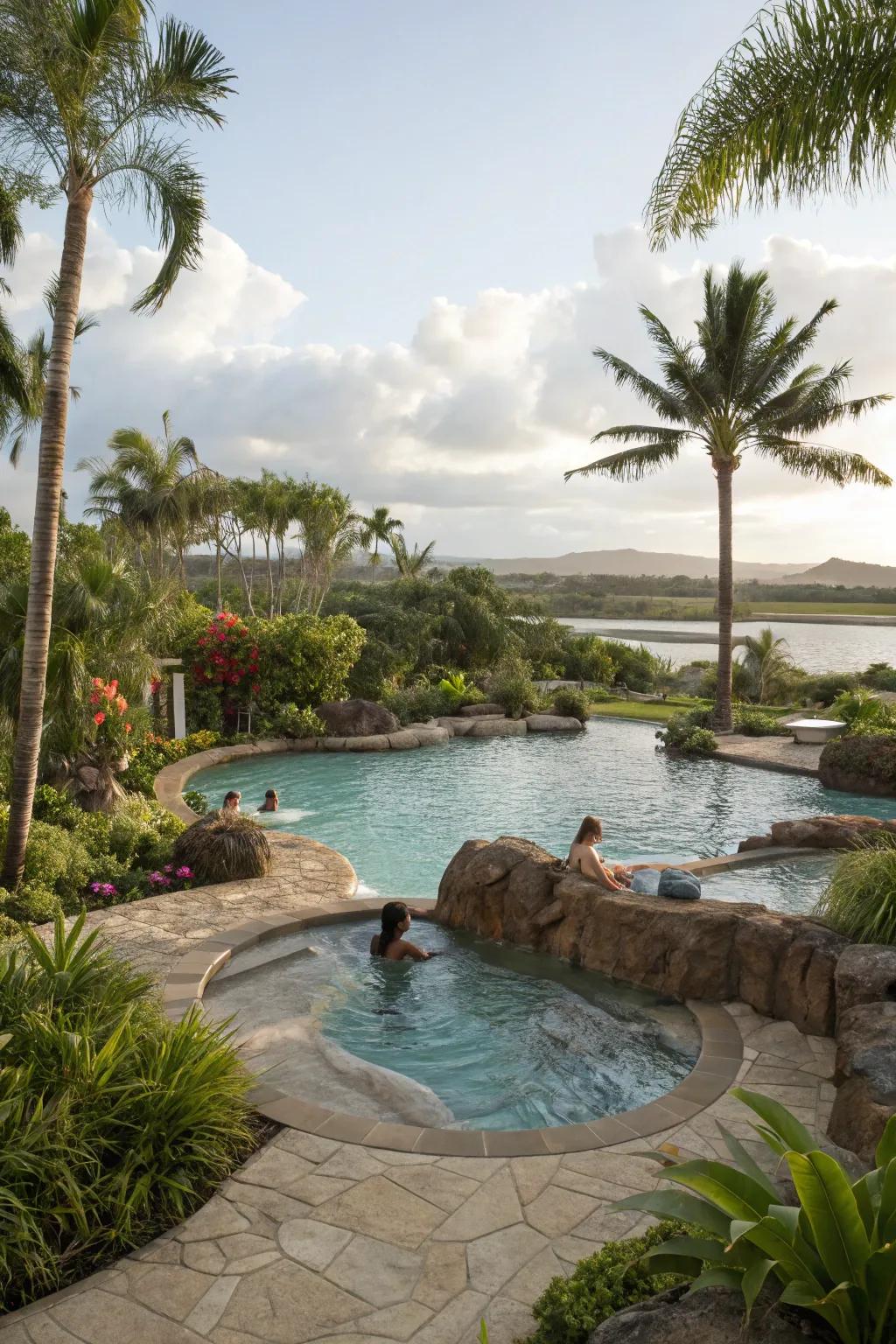 Integrated spa tubs offer a relaxing escape within lagoon pools.
