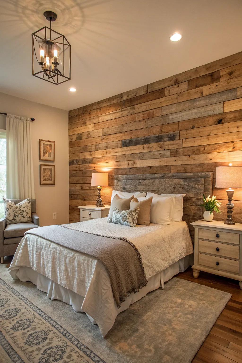 An accent wall introduces character and depth to the bedroom.