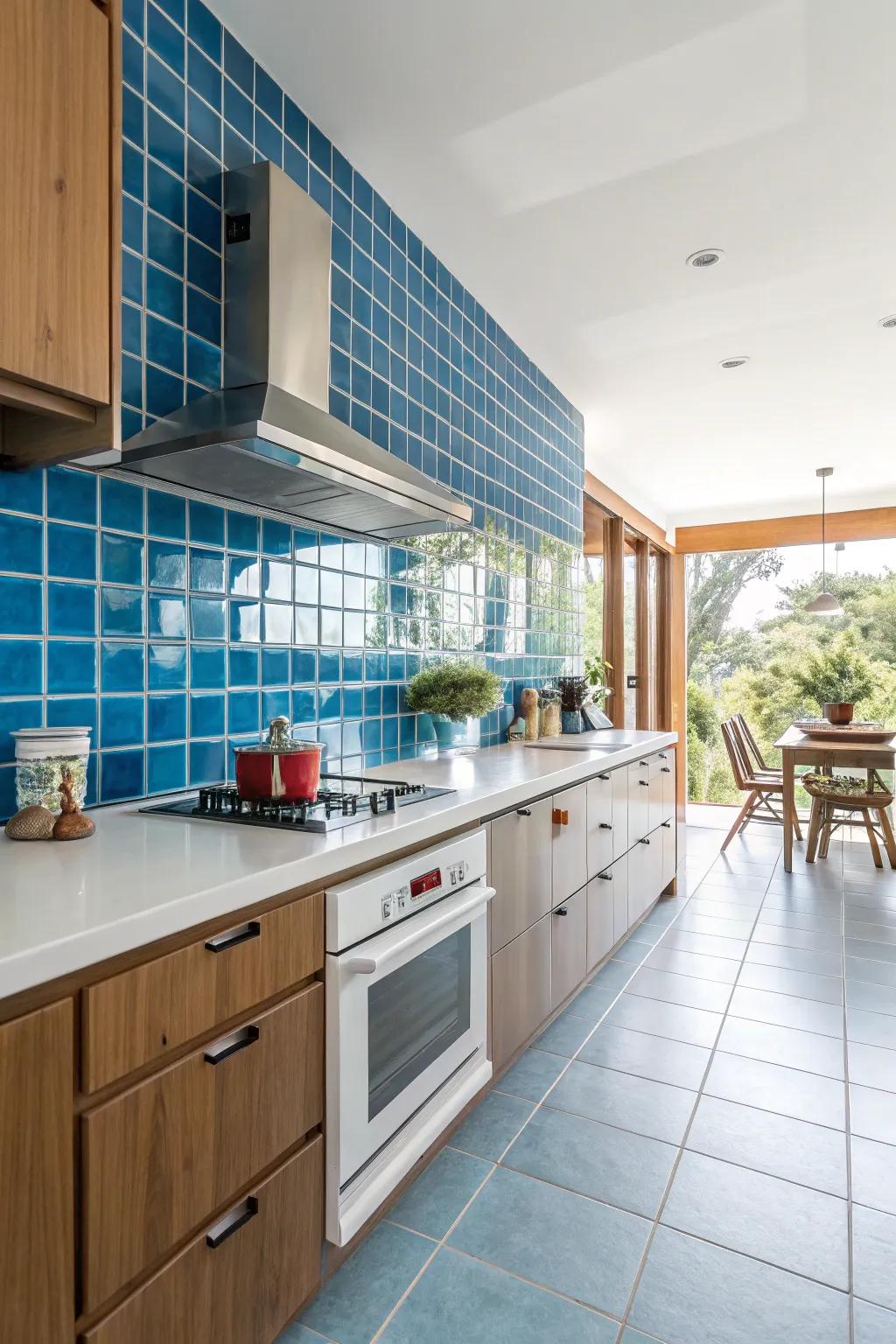 Create a statement using a strikingly colored layered backsplash.