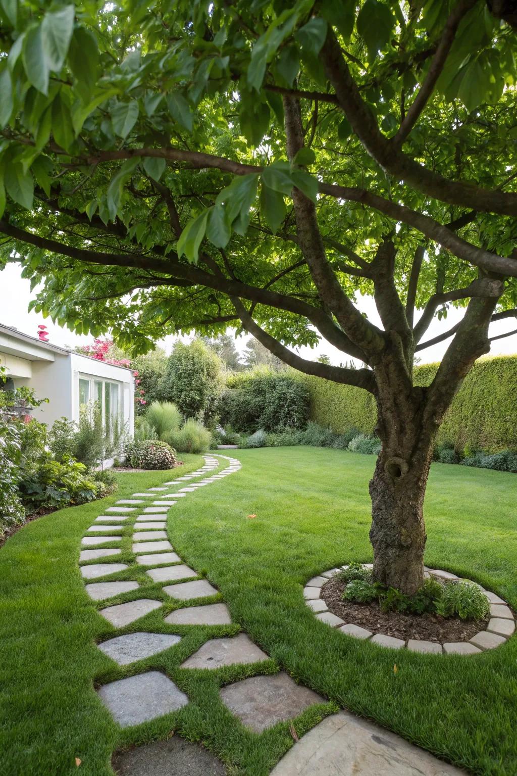 A tree boasting an inviting pathway, promoting garden exploration.