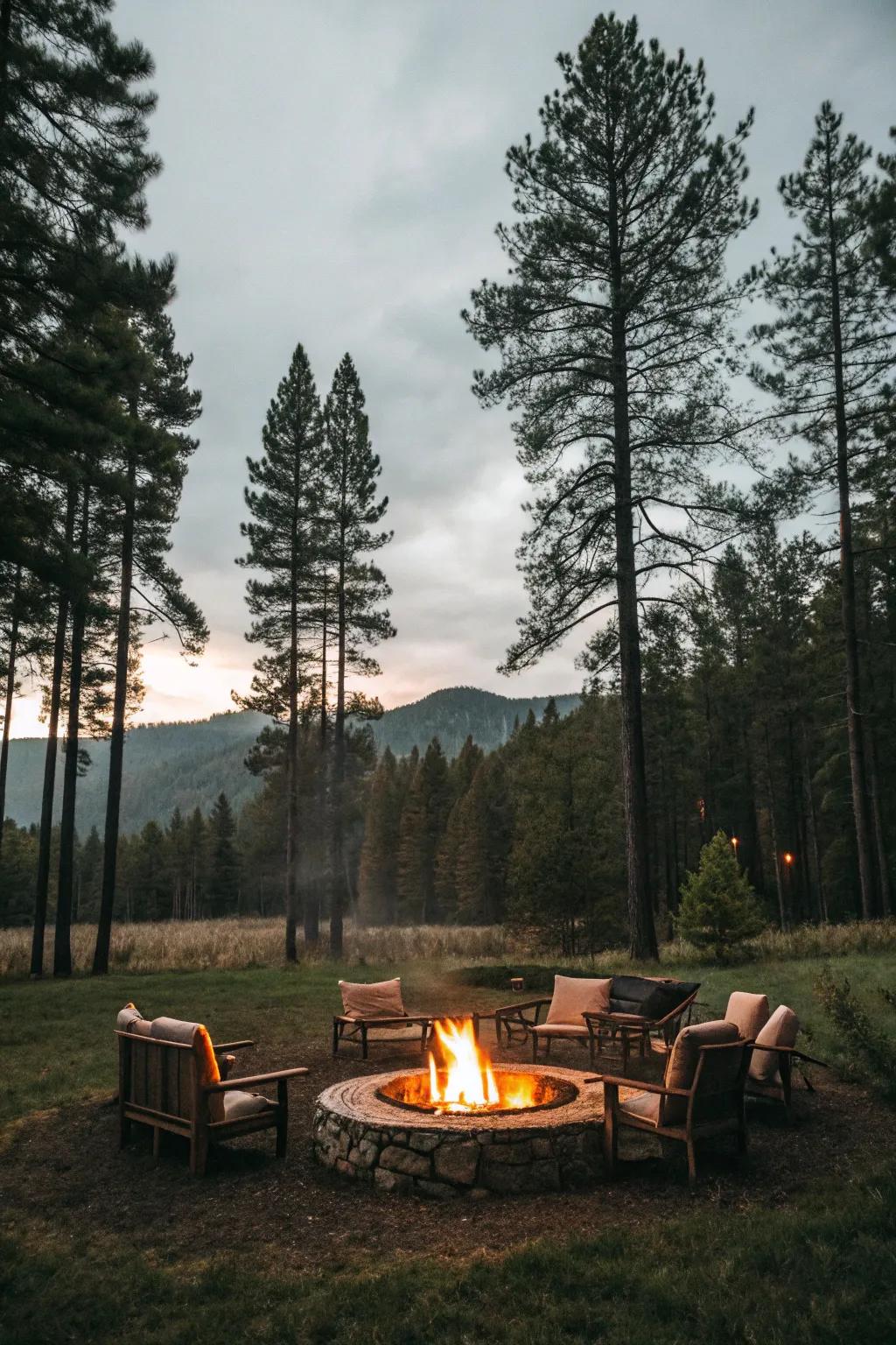 A bonfire area functioning as a center of attention in a woodland opening.