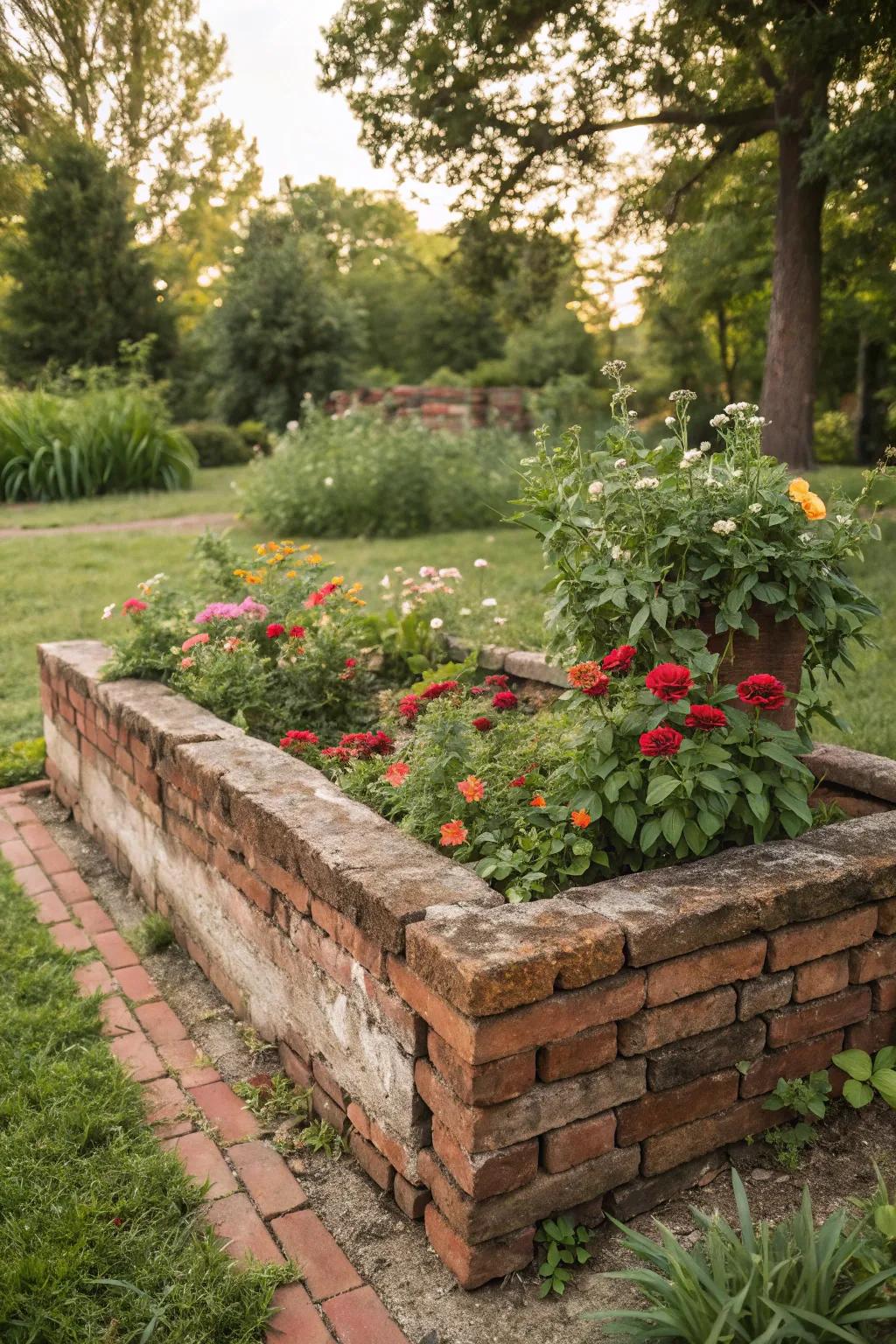Aged bricks supply an ageless visual appeal for elevated garden beds.