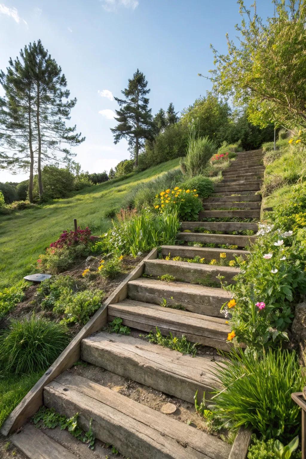 Timber steps are a functional addition to sloped gardens.
