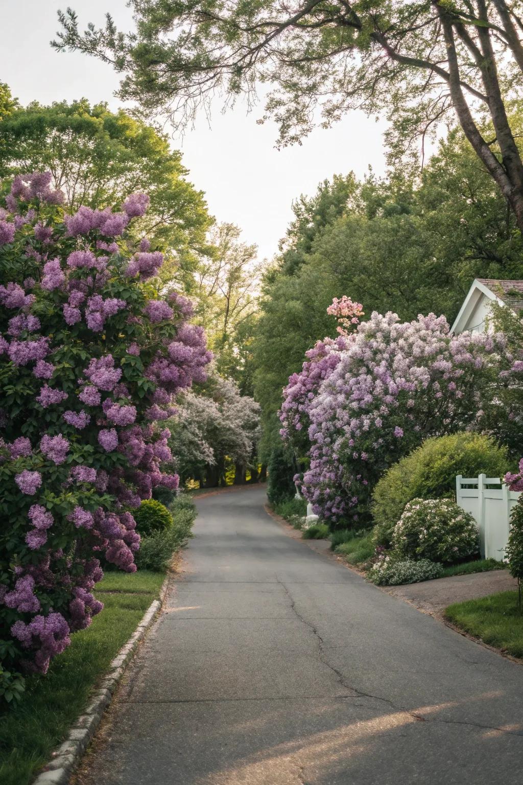 Lilacs bordering a driveway present a cozy and fragrant greeting.