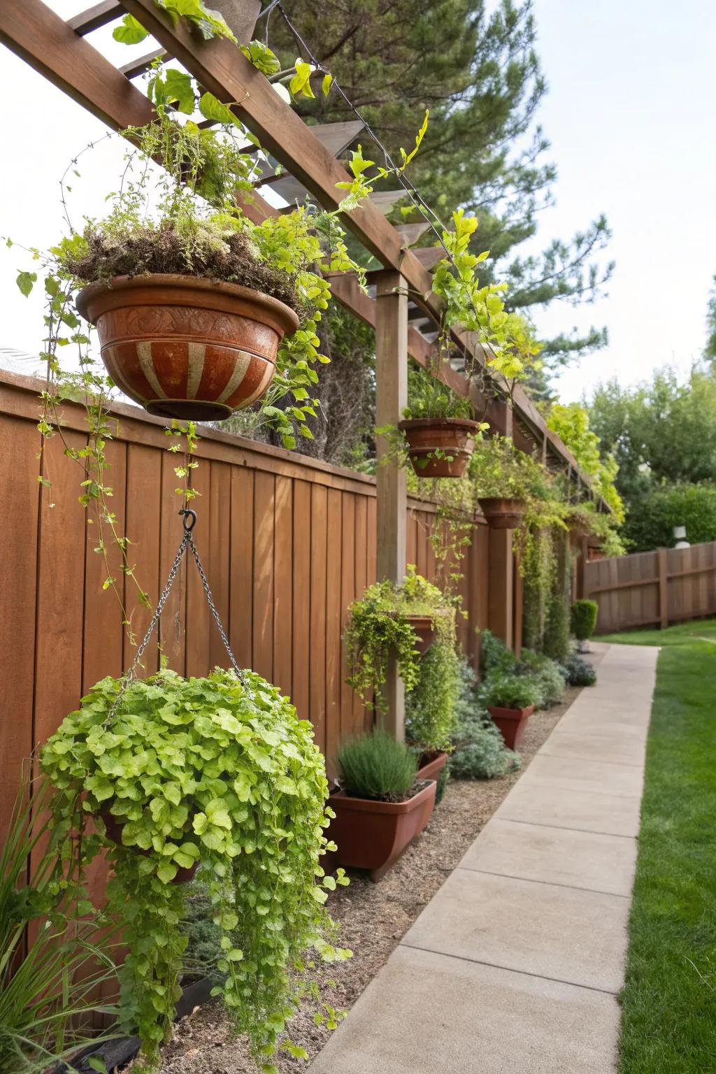 Construct a whimsical garden featuring suspended pots and trailing botanicals.