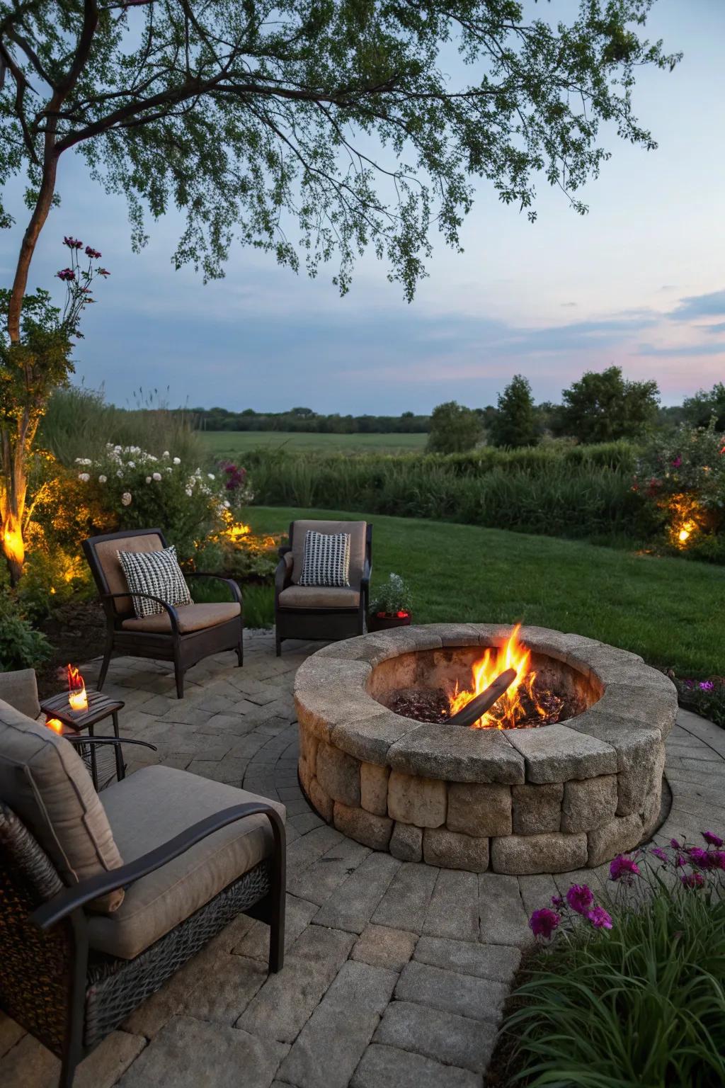 A boulder bonfire area creates a cozy and inviting gathering space.