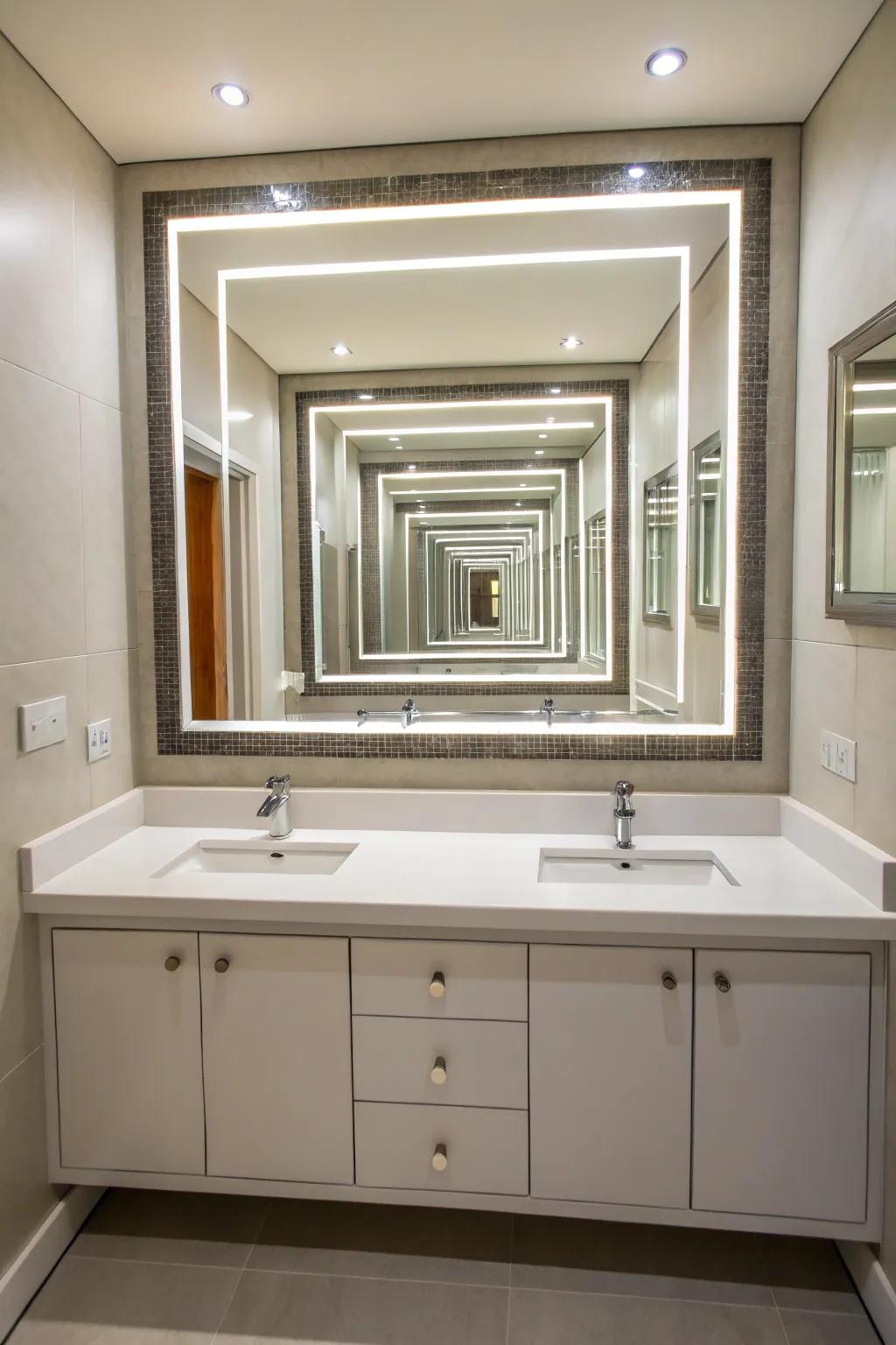 Layering mirrors creates depth and visual interest in bathroom decor.