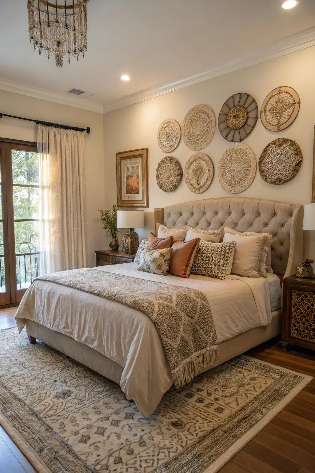 Carefully chosen artwork and decor personalize and enrich this spacious bedroom.