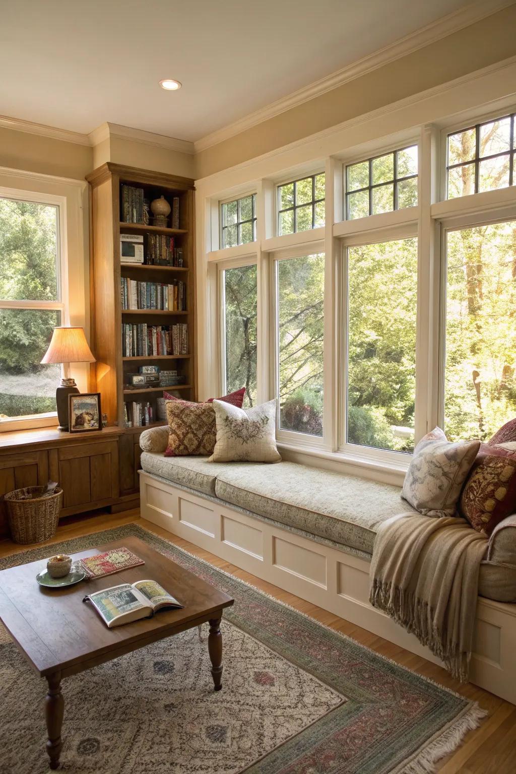 A cozy window seat perfect for enjoying the scenery or reading a book.