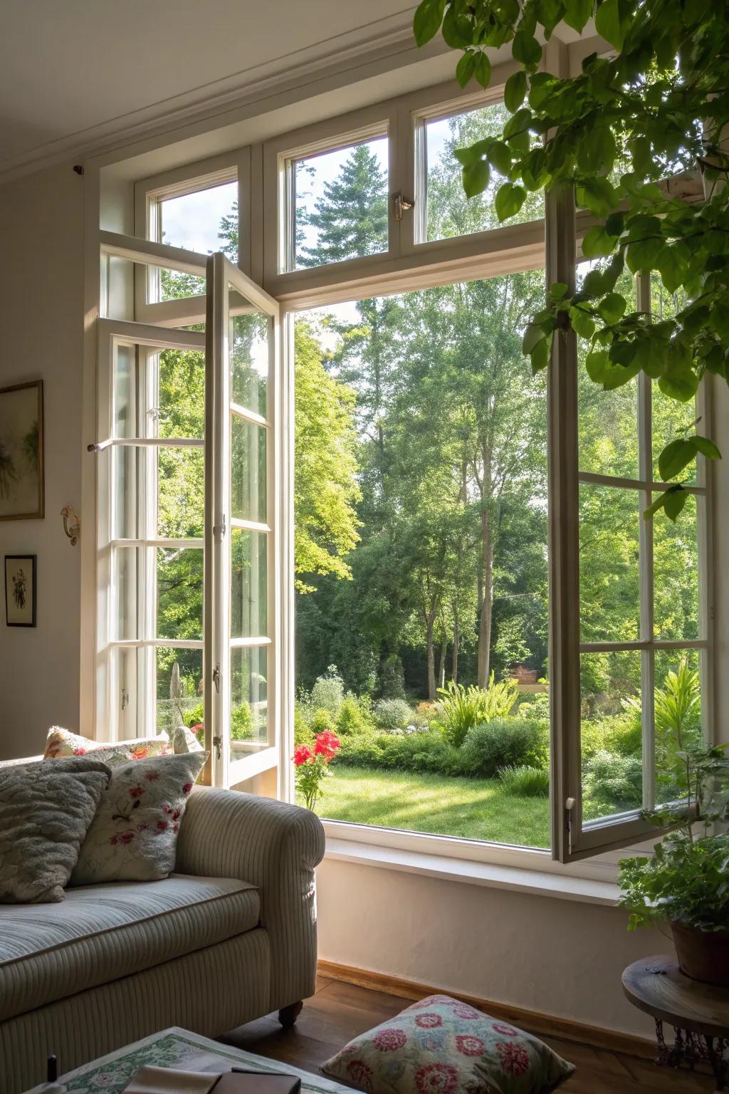 Casement windows which bring the outdoor air and plants inside.